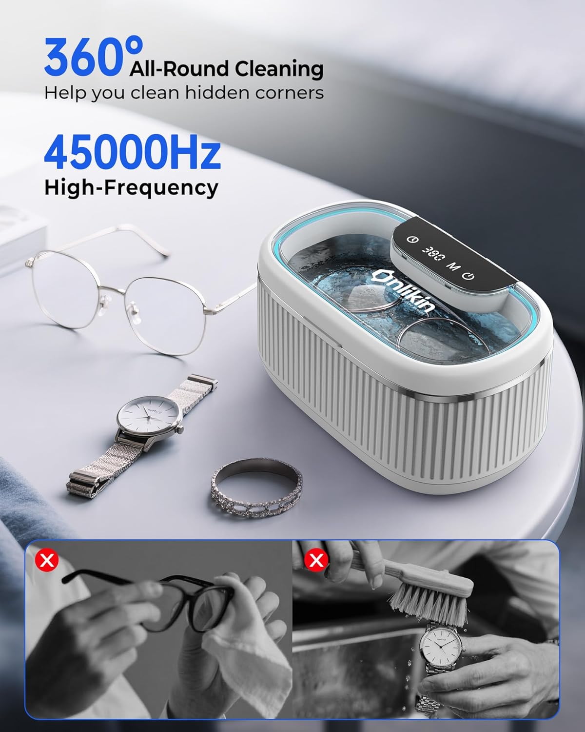 35W Ultrasonic Jewelry Cleaner, 45KHz Retainer Cleaner for Jewelry, 5 Timer & 3 Power Modes, Eyeglasses, Rings, Watch Strap, Dentures - 20oz, 304 Stainless Steel Tank, Quiet <38dB (White)