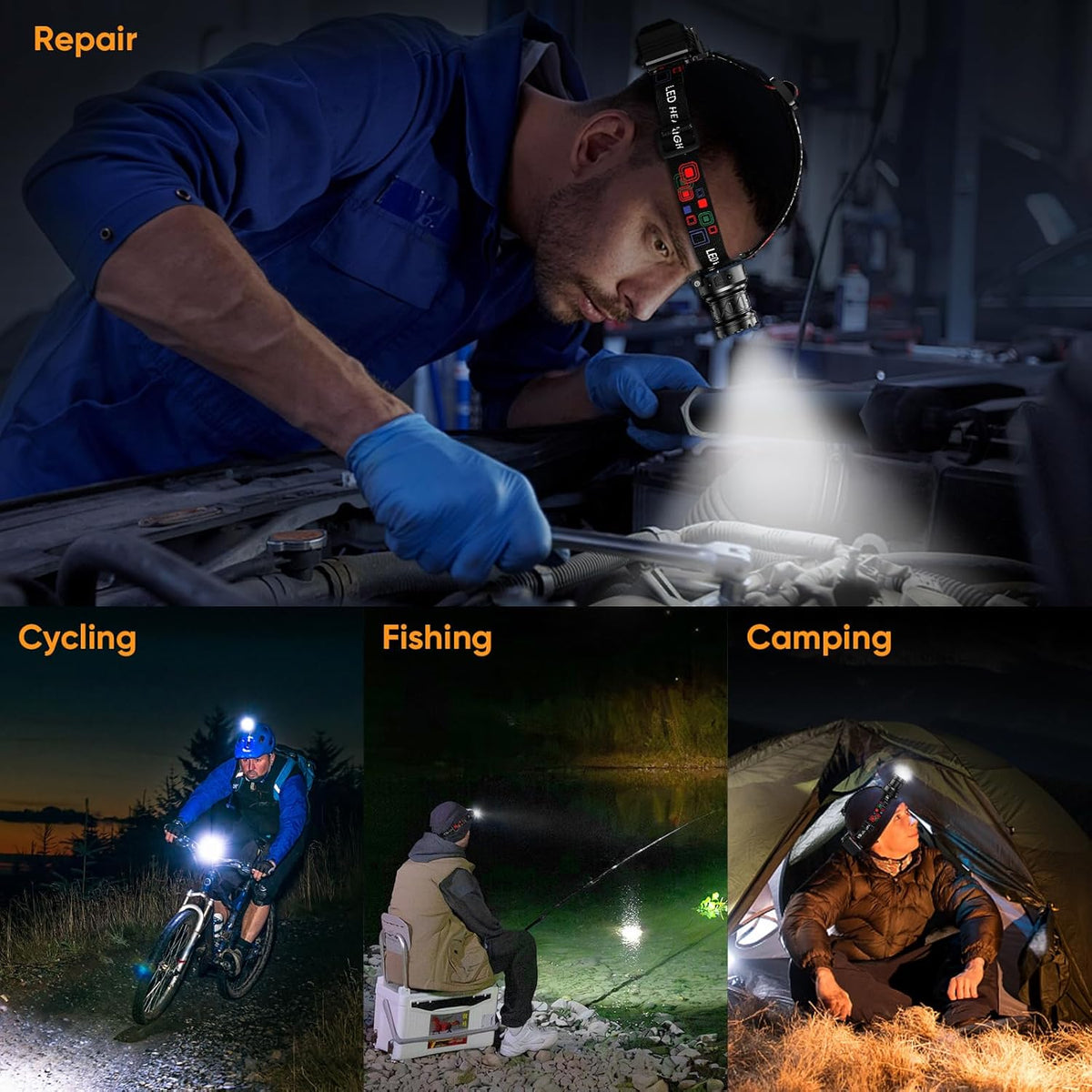 Rechargeable Headlamp Super Bright, High Lumens Head Lamp with 9 Modes, Zoomable Headlamp for Adults 90° Adjustable, IPX7 Waterproof High Power Head Light for Fishing Camping