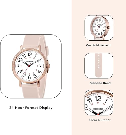 Hourstar Women's Analog Nurse Watch with Second Hand for Nursing, 12/24 Time, Silicone Band, Easy Read