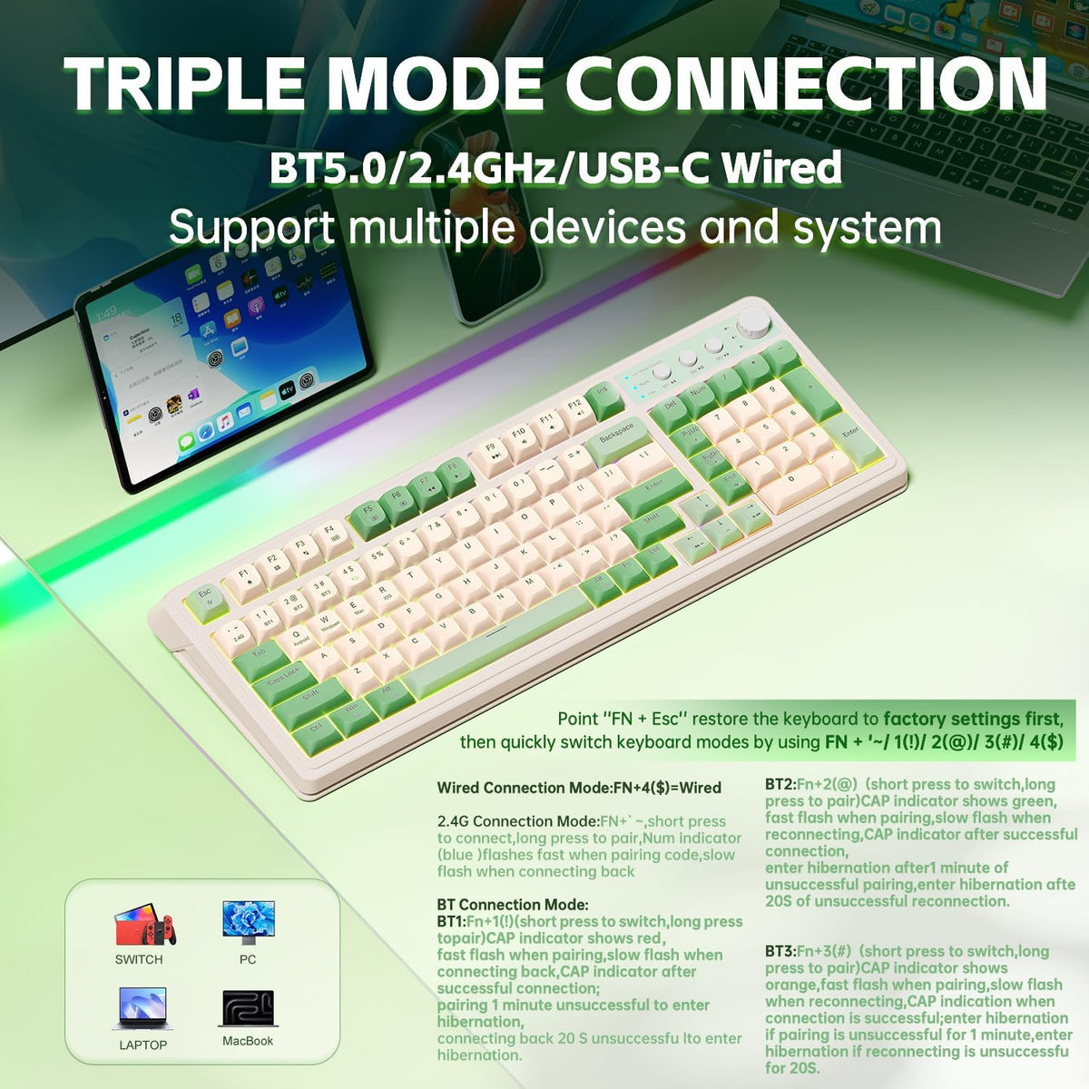 AULA S99 Gaming Keyboard, Wireless Computer Keyboards, Tri-Mode Bluetooth/2.4GHz/USB-C Custom Creamy Keyboard with Number Pad, RGB Backlit Media Knob Cute Programmable Keyboard for PC Gamer - Green