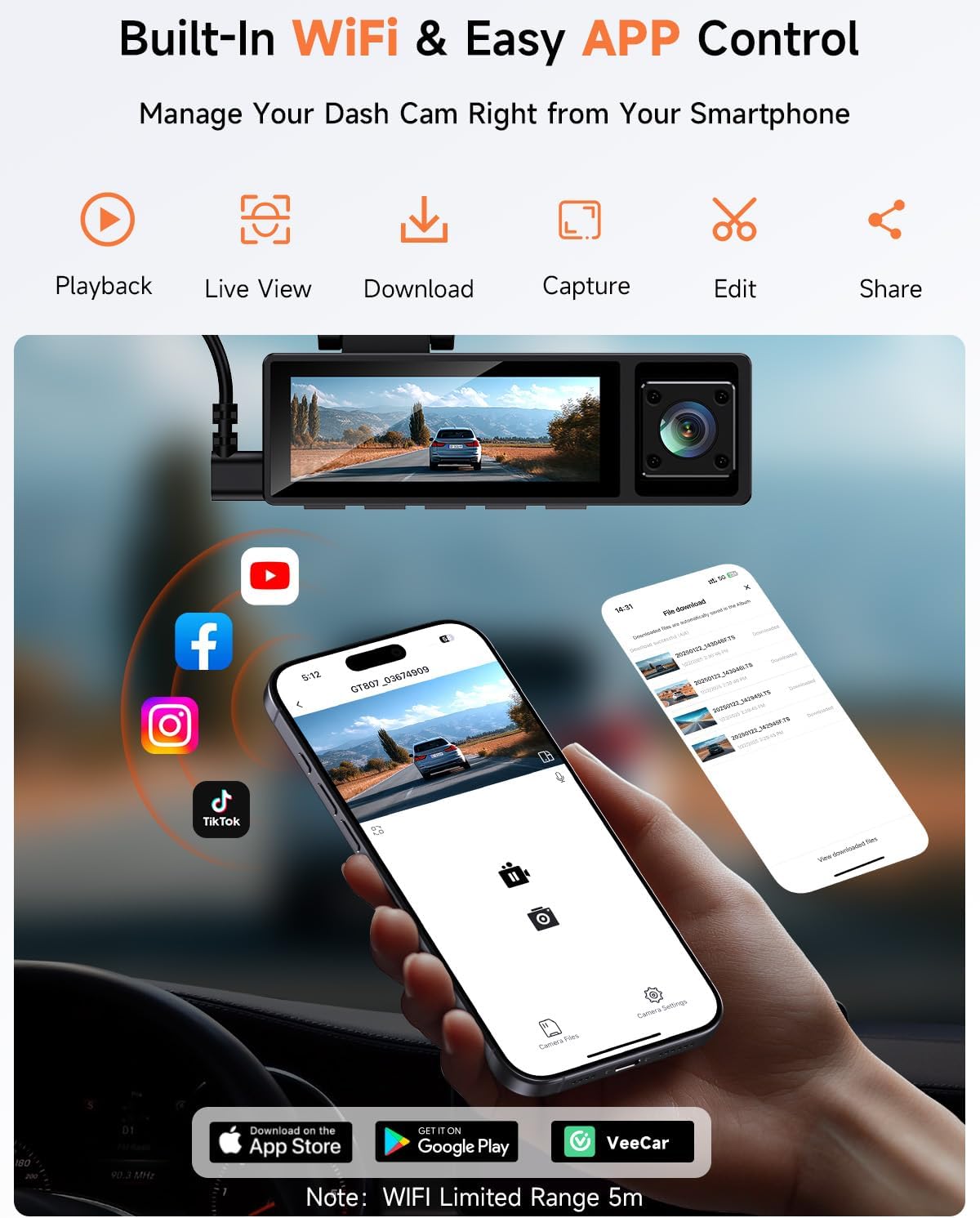 4K 3 Channel Dash Cam Front and Rear,4K+2.5K+1080P Dash Camera for Cars Inside,3.2" Screen Dash Camera for Cars, WiFi APP Control,4 IR Night Vision, G-Sensor, 24H Parking Mode, 64GB SD Card Included