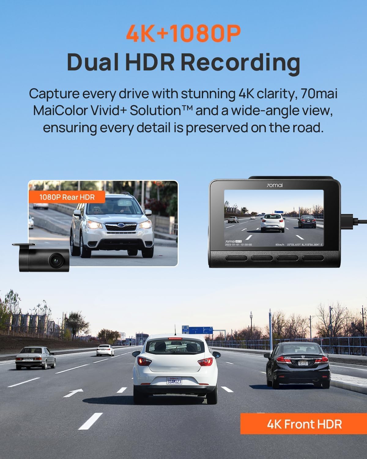 70mai 4K Dash Cam Front and Rear, 4K+1080P Dual STARVIS 2 Car Dash Camera for Cars, 4G LTE Remote Access, AI Motion Detection, WiFi 6, 5 GPS, 24H Parking Mode, HDR Night Vision, Voice Control, ADAS