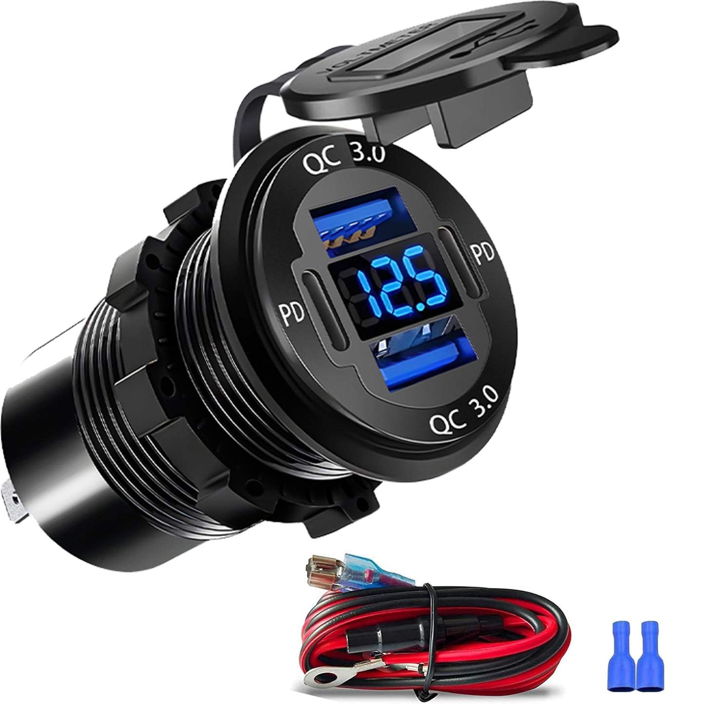 Upgraded 4 Port 12V USB Outlet, 78W Dual PD & QC Aluminum Alloy USB Ports with LED Voltmeter Waterproof for Cars, Cigarette Lighter Replacement 12V Socket for Boats RV Trucks and Motorcycles