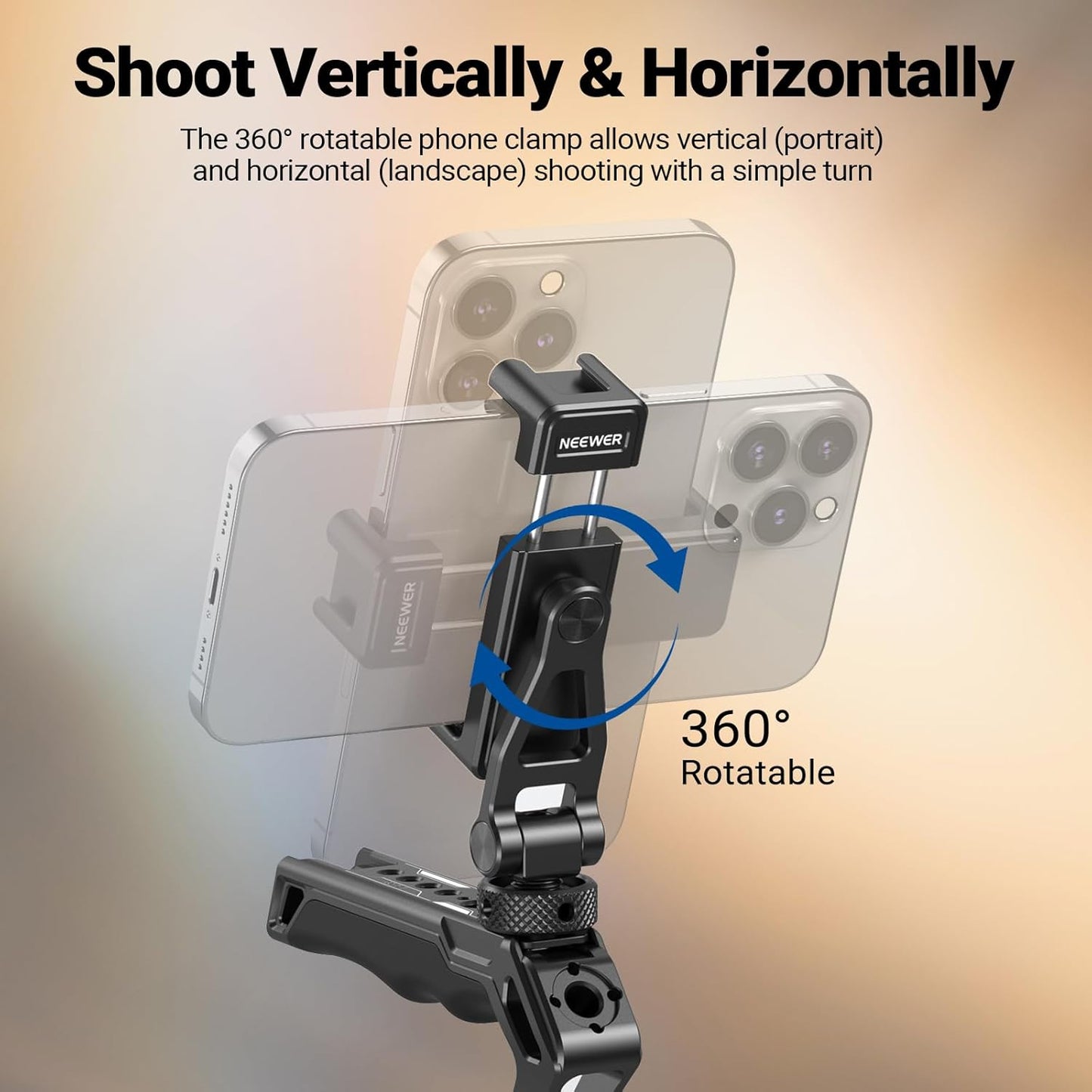 NEEWER Metal Phone Tripod Mount with Cold Shoes, 1/4" Thread, 180° Tilt, 360° Rotation, Adjustable Phone Clamp Holder Compatible with iPhone 17 Pro Max 16 15 Samsung S25 S24 Ultra Camera Cage, GA010