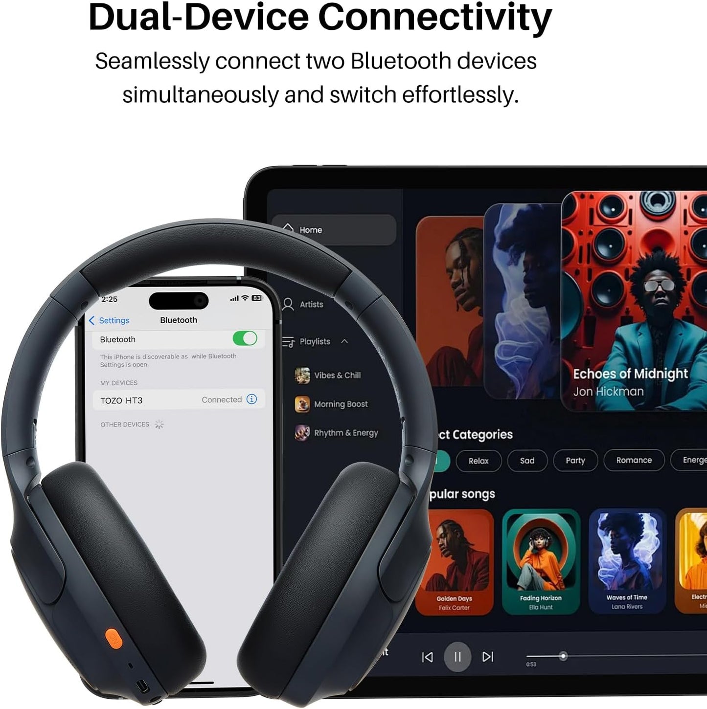 TOZO HT3 Hybrid Noise Cancelling Headphones, 90H Playtime Wireless Over Ear Bluetooth Headset, Spatial Audio AI Chat with 5 Mics, Supports Dual Connection and USB-C Input, with 32 EQ Music Modes