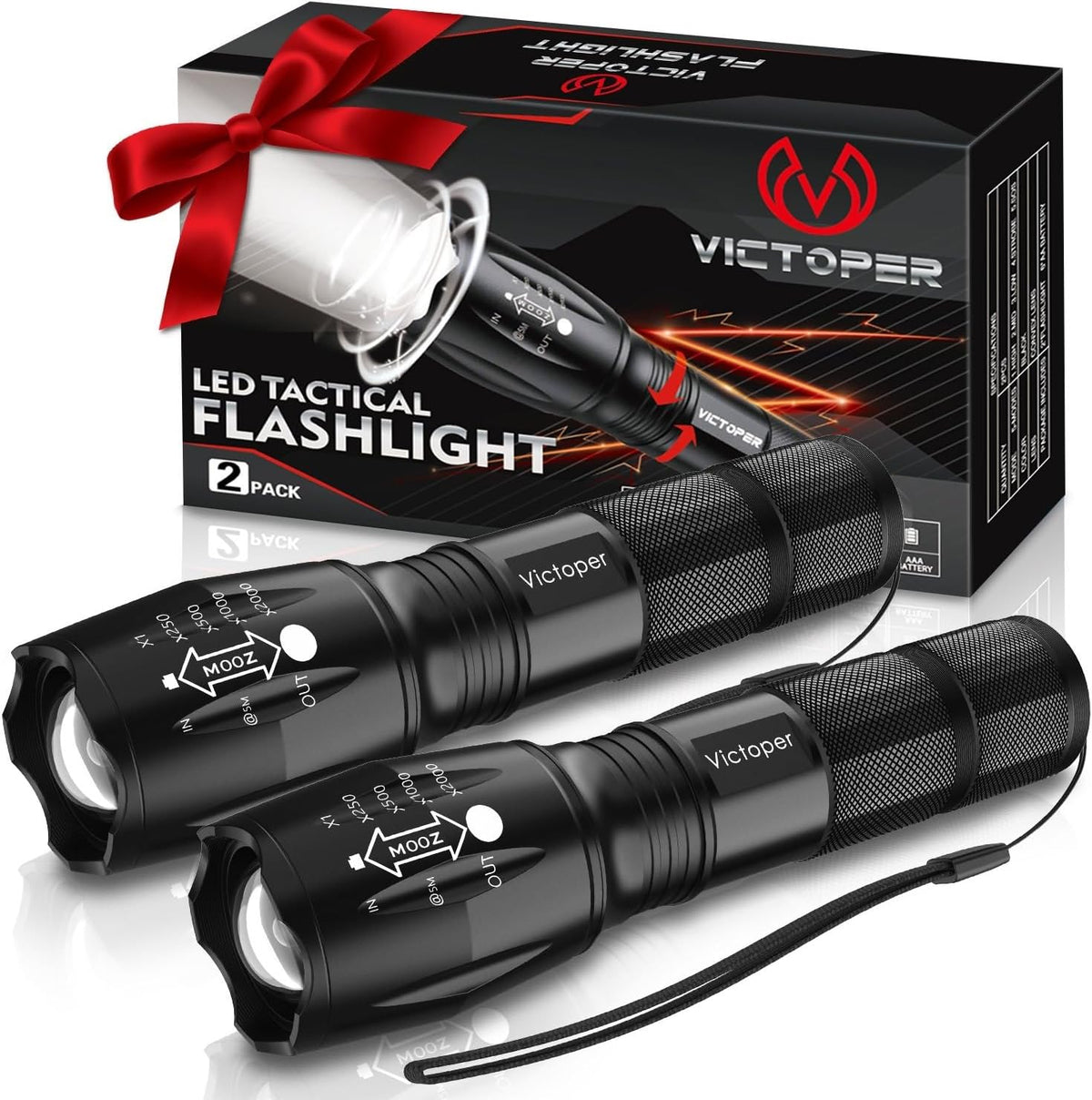 Victoper LED Flashlight 2 Pack, Bright Tactical Torch High Lumens with 5 Modes, Waterproof Zoomable Flash Light, Valentine's Day Gifts for Men, Hunting Camping Essentials Gear
