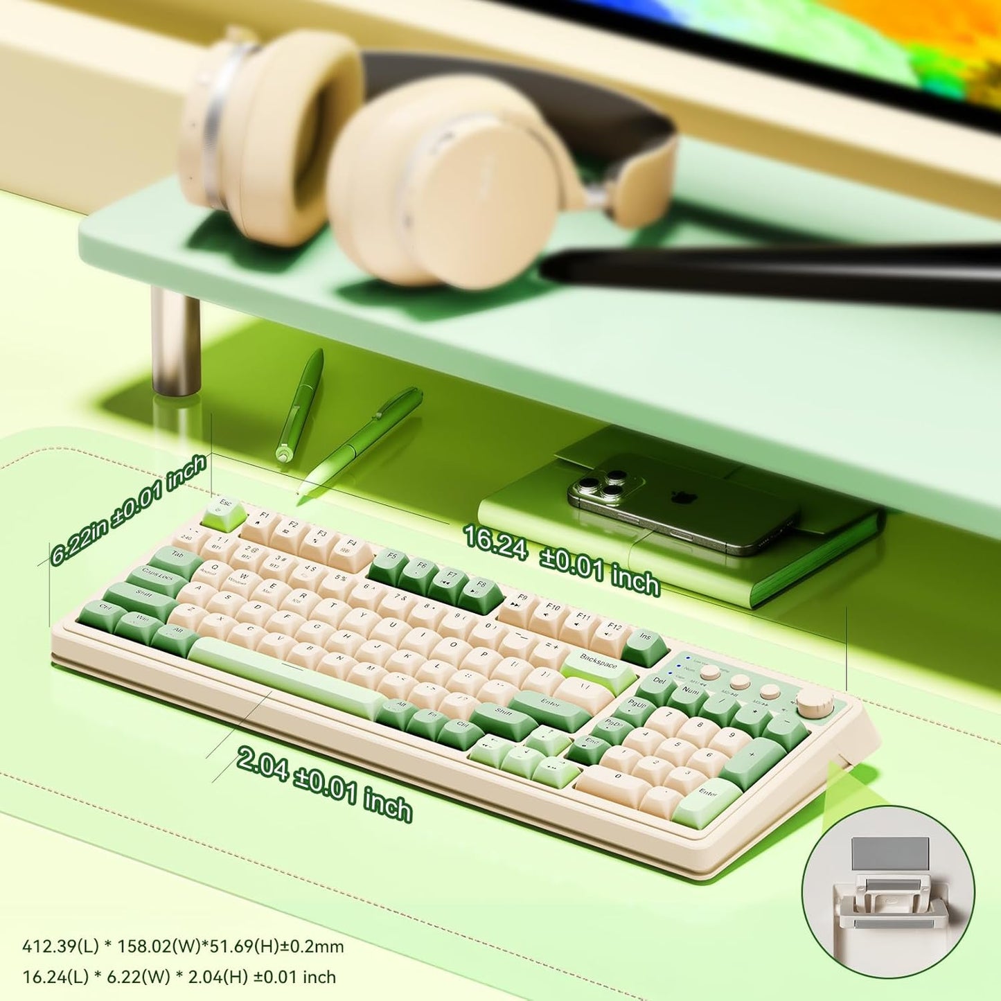 AULA S99 Gaming Keyboard, Wireless Computer Keyboards, Tri-Mode Bluetooth/2.4GHz/USB-C Custom Creamy Keyboard with Number Pad, RGB Backlit Media Knob Cute Programmable Keyboard for PC Gamer - Green