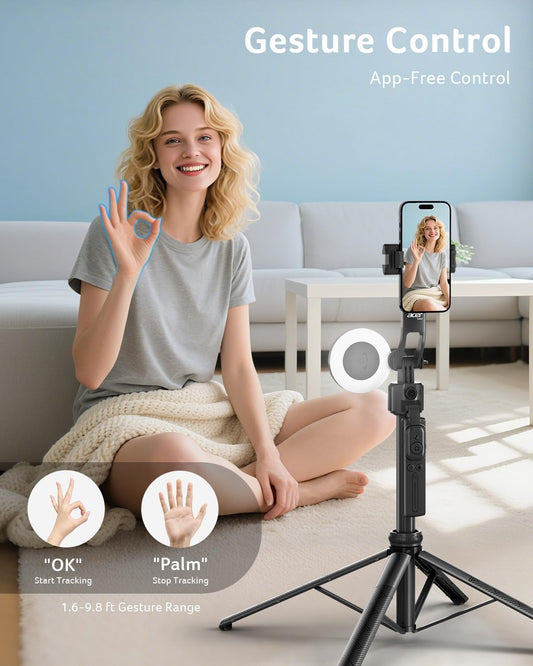 acer Auto Face Tracking Tripod for iPhone/Cell Phone/Android/Camera with Light and Remote, 64", No App, 360°Rotating Tripod Selfie Stick for Tiktok YouTube Vlog Live Streaming Video Recording