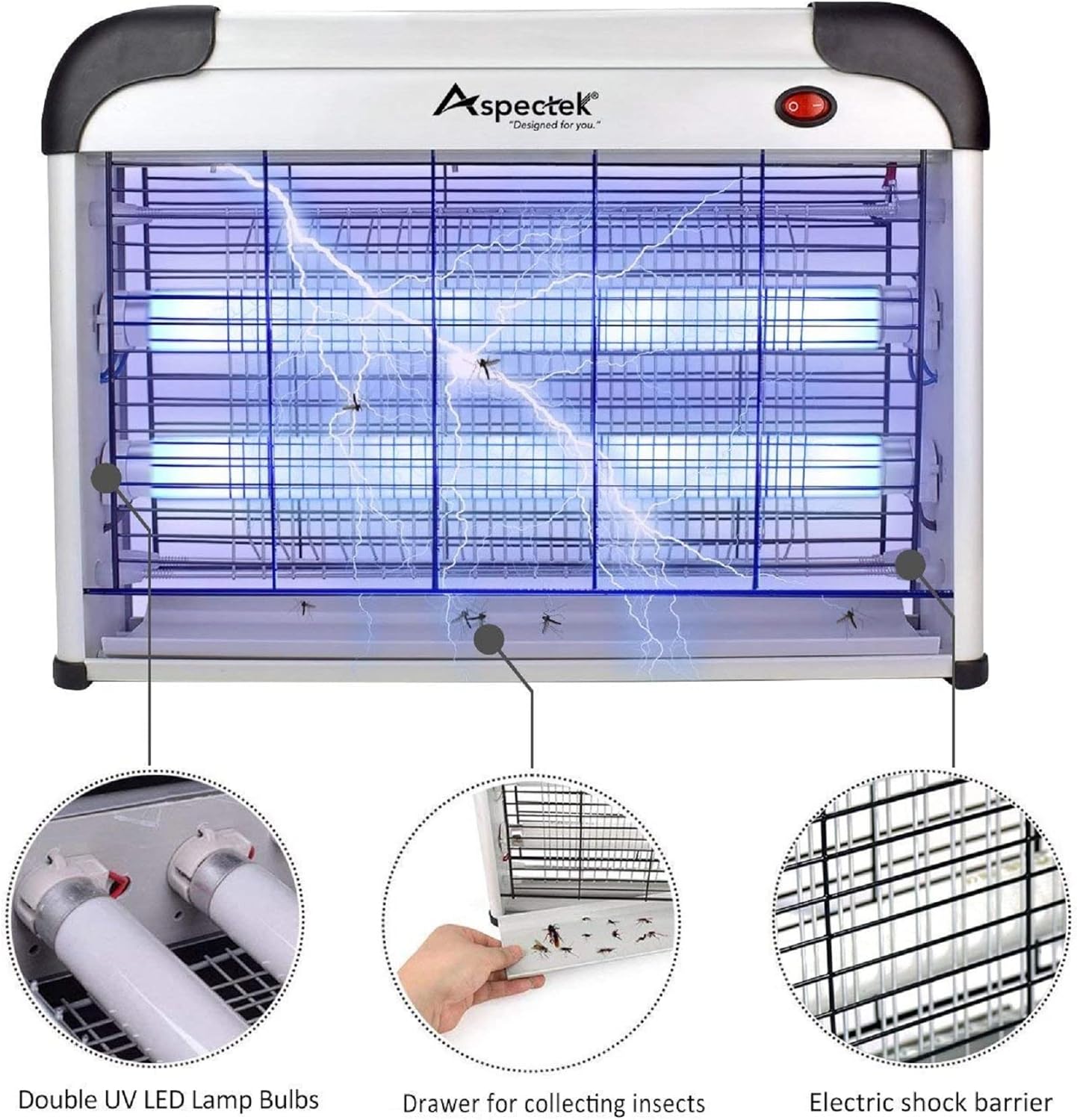 ASPECTEK Insect Killer, Bug Zapper, Powerful 20W Electronic Indoor Fly Zapper for Mosquito, Fungus Gnat, Asian Beetle, Moth, Flying Pests - Indoor Use, Includes 2-Pack Replacement Bulbs