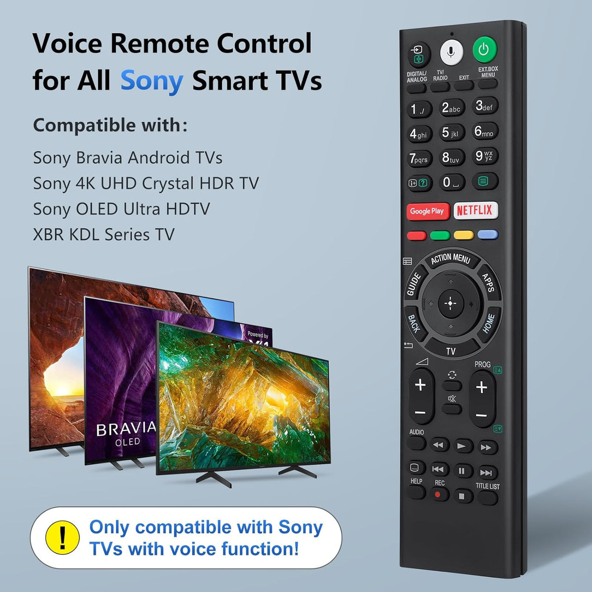 Voice Replacement Remote Control for Sony-Bravia-TVs，for All Sony 4K UHD LED LCD HD Smart TVs. 1-Year Warranty.