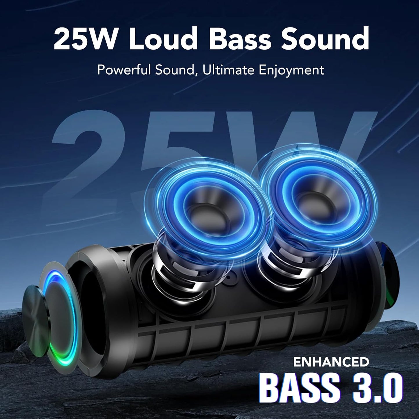 TIMU Portable Bluetooth Speaker, 25W Super Loud Wireless Speaker: Boost Bass 3.0, Bluetooth 5.4, 30H Playtime, 8 RGB Modes, IPX7 Waterproof, TWS Pairing, for Outdoor/Home/Party, Gift Ideas（Black）