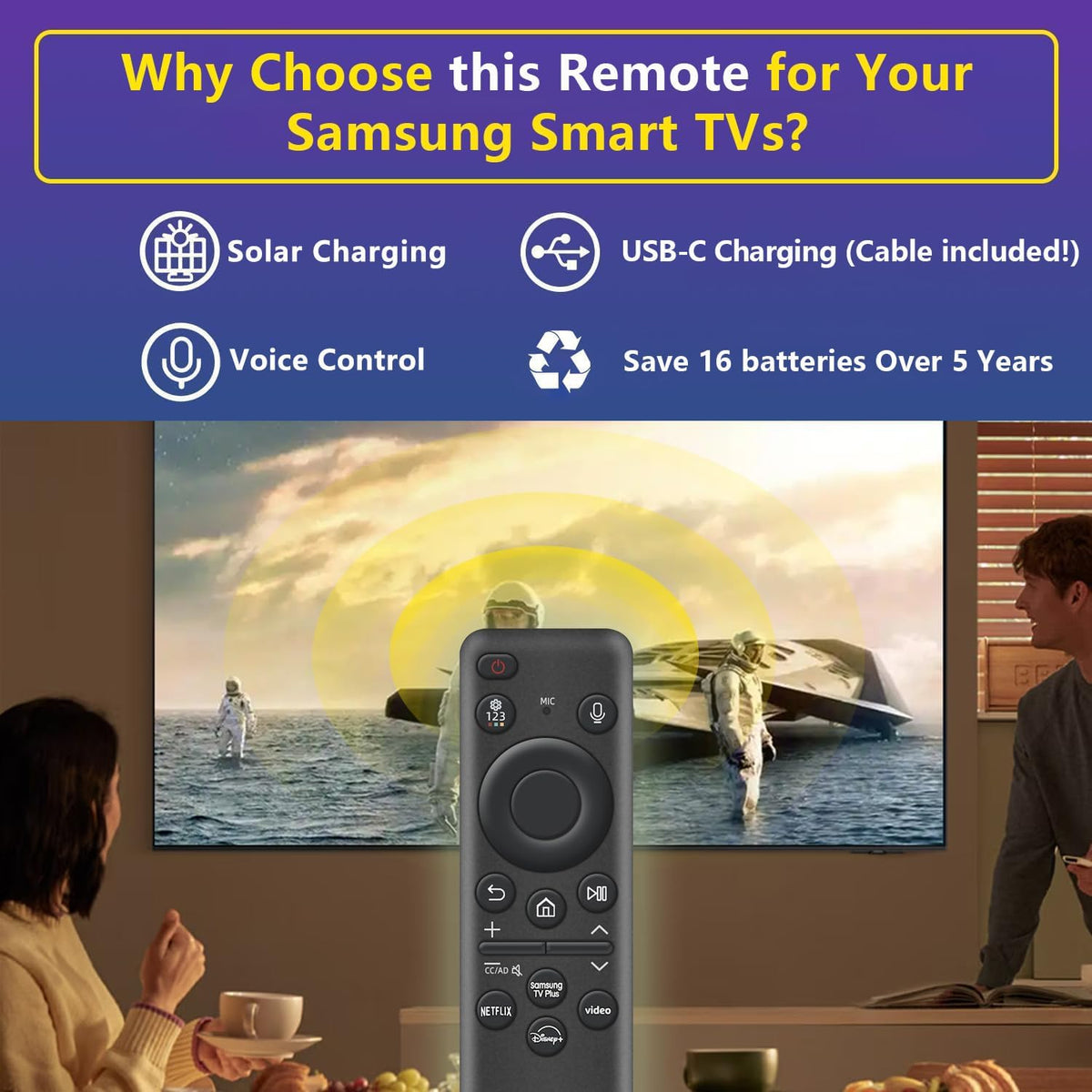 Rechargeable Voice Remote for Samsung Smart TVs, Replacement for 2019–2025 Samsung TV Remote Control with Solar Charging and Voice Search. 2-Year Warranty.