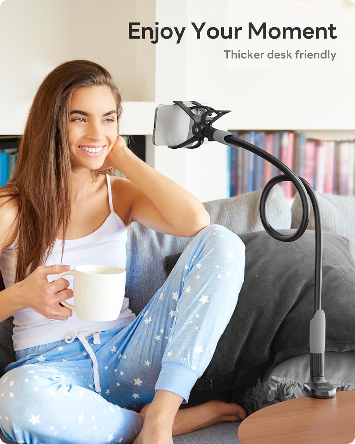 SAIJI Gooseneck Bed Phone Holder – Flexible Long Arm Clamp Stand for Desk & Bed (Black)