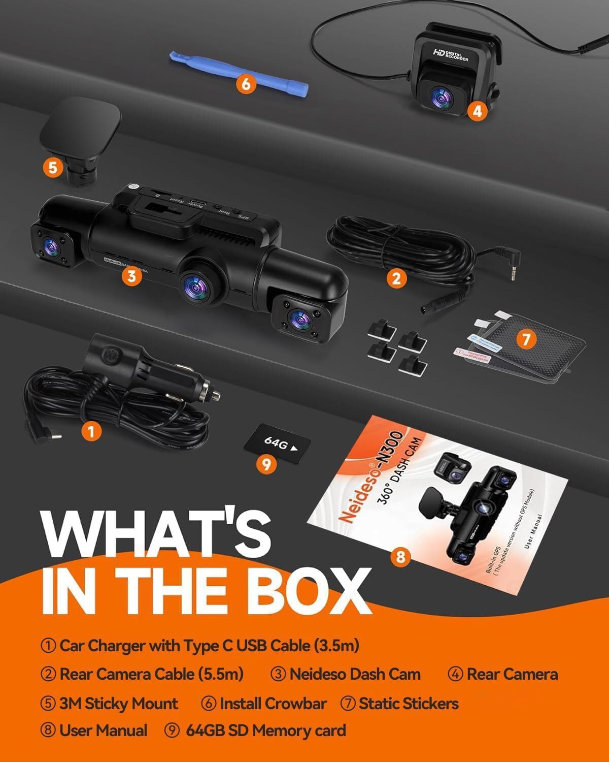 360° Dash Cam Front and Rear Inside, 4 Channel FHD 4 * 1080P, Wi-Fi GPS Voice Control Car Camera, Front 2K+1080P*2 Dash Camera for Cars, with 64GB SD Card, Night Vision, 24H Parking Mode(N300)