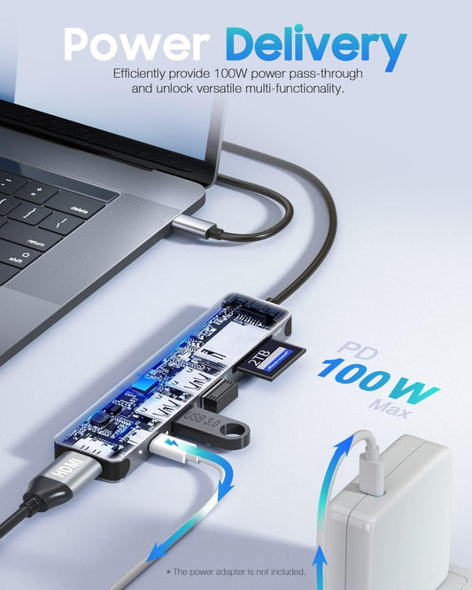 Hiearcool USB C Hub for MacBook – 7-in-1 USBC Adapter with 4K HDMI, 100W PD, USB 3.0 5Gbps Ports, SD/TF Card Reader – USB-C Dongle for Office, Meetings, Travel & Home Setup-Space Grey