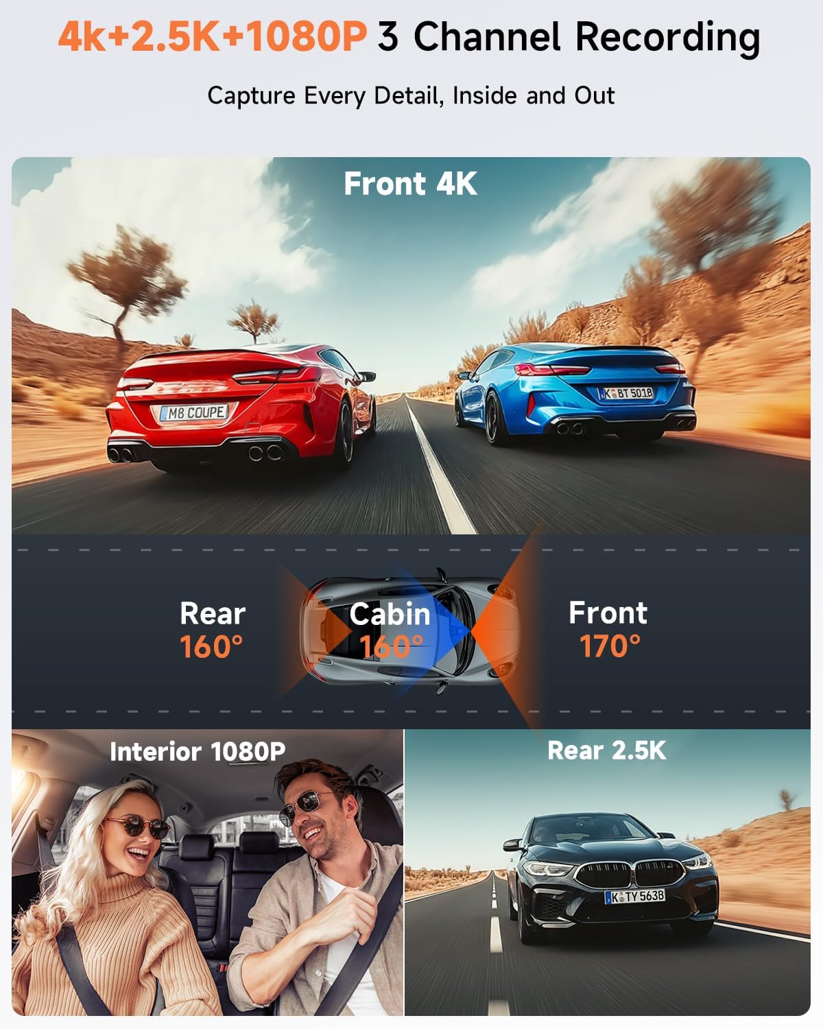 4K 3 Channel Dash Cam Front and Rear,4K+2.5K+1080P Dash Camera for Cars Inside,3.2" Screen Dash Camera for Cars, WiFi APP Control,4 IR Night Vision, G-Sensor, 24H Parking Mode, 64GB SD Card Included