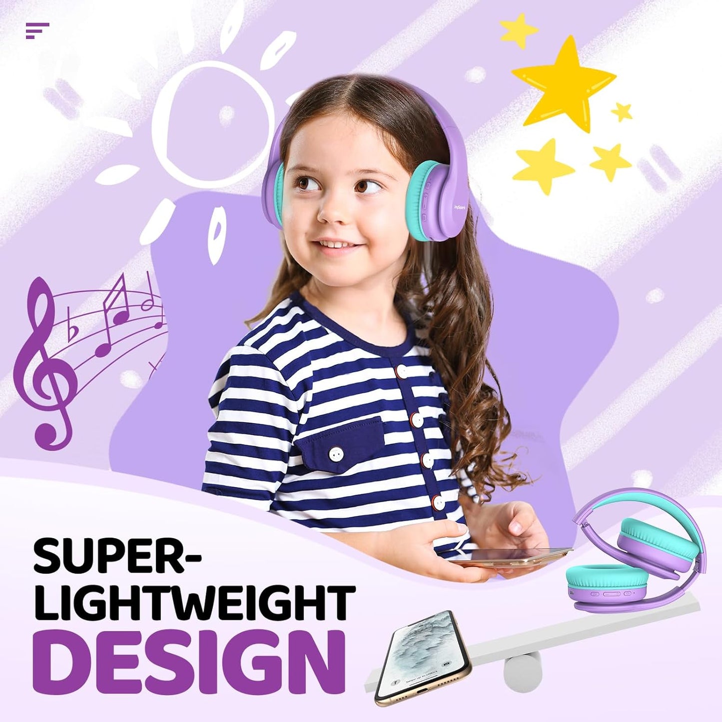 Kids Bluetooth Headphones, Lightweight Wireless Headphones for Kids, 85/94dB Volume Limited, 60 Hours Playtime, Bluetooth 5.3, Over-Ear Toddler Headsets with Built-in Mic-Purple