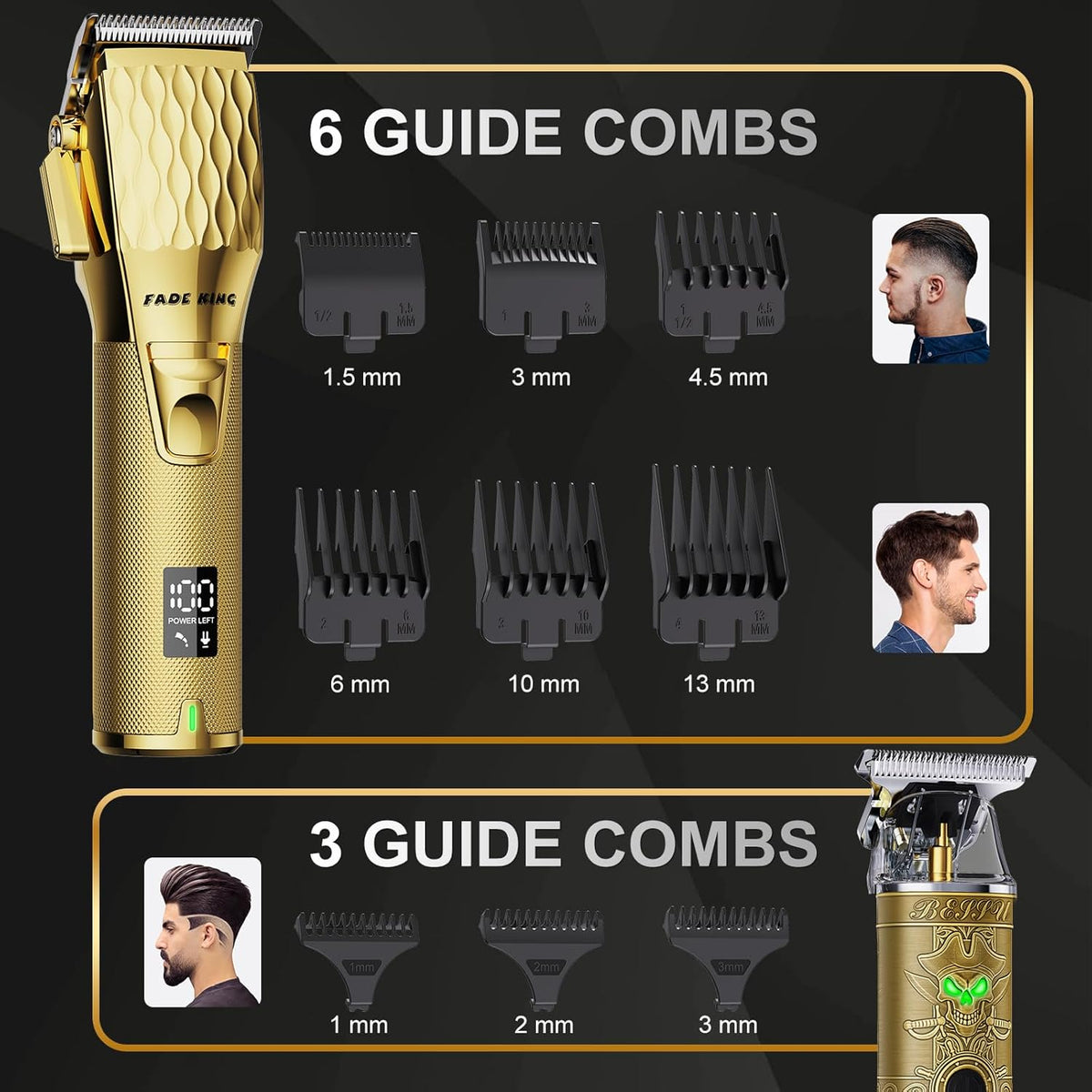 FADEKING Professional Hair Clippers & Beard Trimmer Set for Men – Cordless Barber Clippers with LCD Display, Precision Trimmer & Travel Case – Gifts for Men Husband Father (Gold + Bronze)