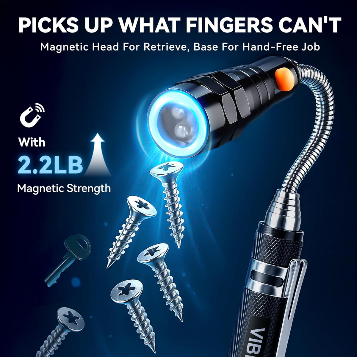 VIBELITE Extendable Magnetic Flashlight with Telescoping Magnet Pickup Tool- Cool Gadget Valentines Day Gifts for Him, Men, Teen Boys, Husband, Dad, Father, Mechanic, Women, Black