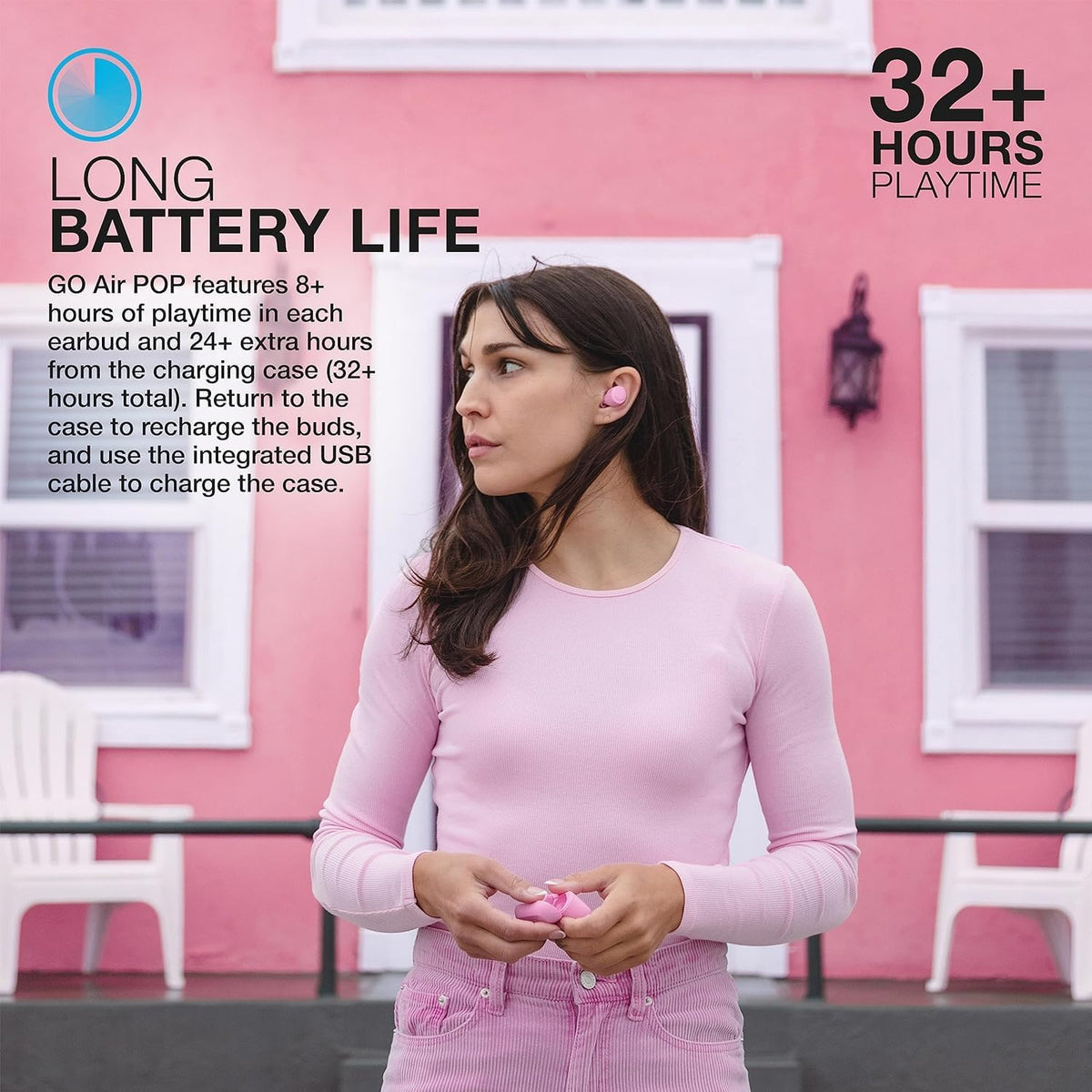 JLab Go Air Pop+ True Wireless Earbuds, in Ear Headphones, Bluetooth Earphones, 35H Playtime Ear Buds, Bluetooth Earbuds with Microphone, USB-C Charging Case, Dual Connect, EQ3 Sound, Pink