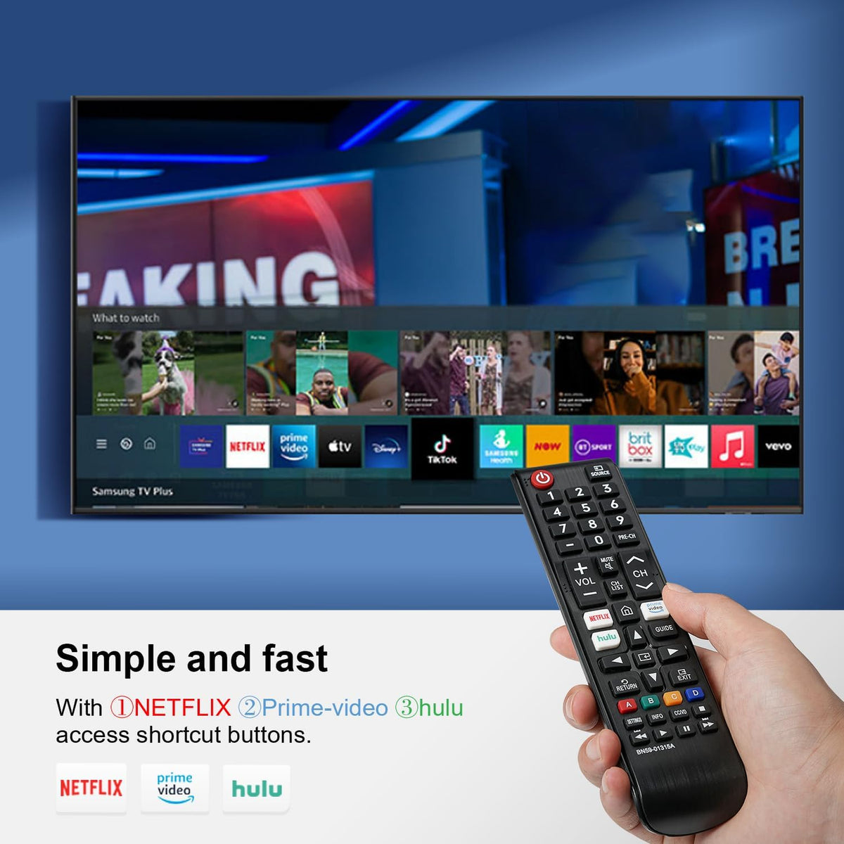 Universal Remote Control for Samsung Smart TV, Control Replacement fit for 4K UHD QLED HDTV LED TVs, with Hulu Netflix PrimeVideo Buttons