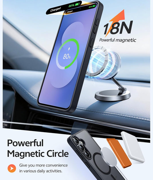 FNTCASE for Samsung Galaxy S25 FE Case: Magnetic Translucent Matte Military Grade Drop Proof Protection Cell Phone Cover - Slim Rugged Durable Shockproof Protective S25Fe Cases (Black-6.7 inch)