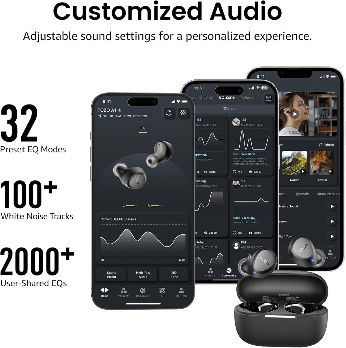 TOZO A1 Wireless Earbuds Bluetooth 5.3 Light Weight in Ear IPX5 Waterproof Headphones 2 Mic for AI Calls, Immersive Premium Sound Bass Headset with Charging Case, 32 Presets EQ Customization via App