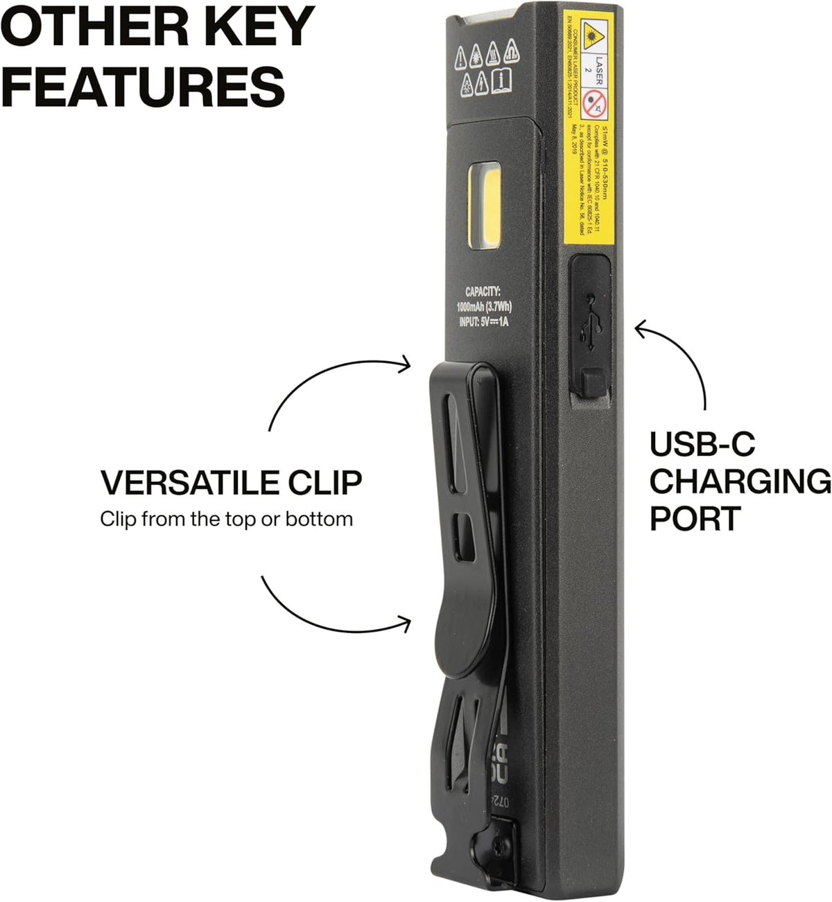 KLEIN TOOLS 56074 EDC Pocket Flashlight with Green Laser, Three Brightness Modes up to 1000 Lumens with Turbo Mode, Built-in Floodlight, <1mW, 510 to 530nm, Class 2, Rechargeable