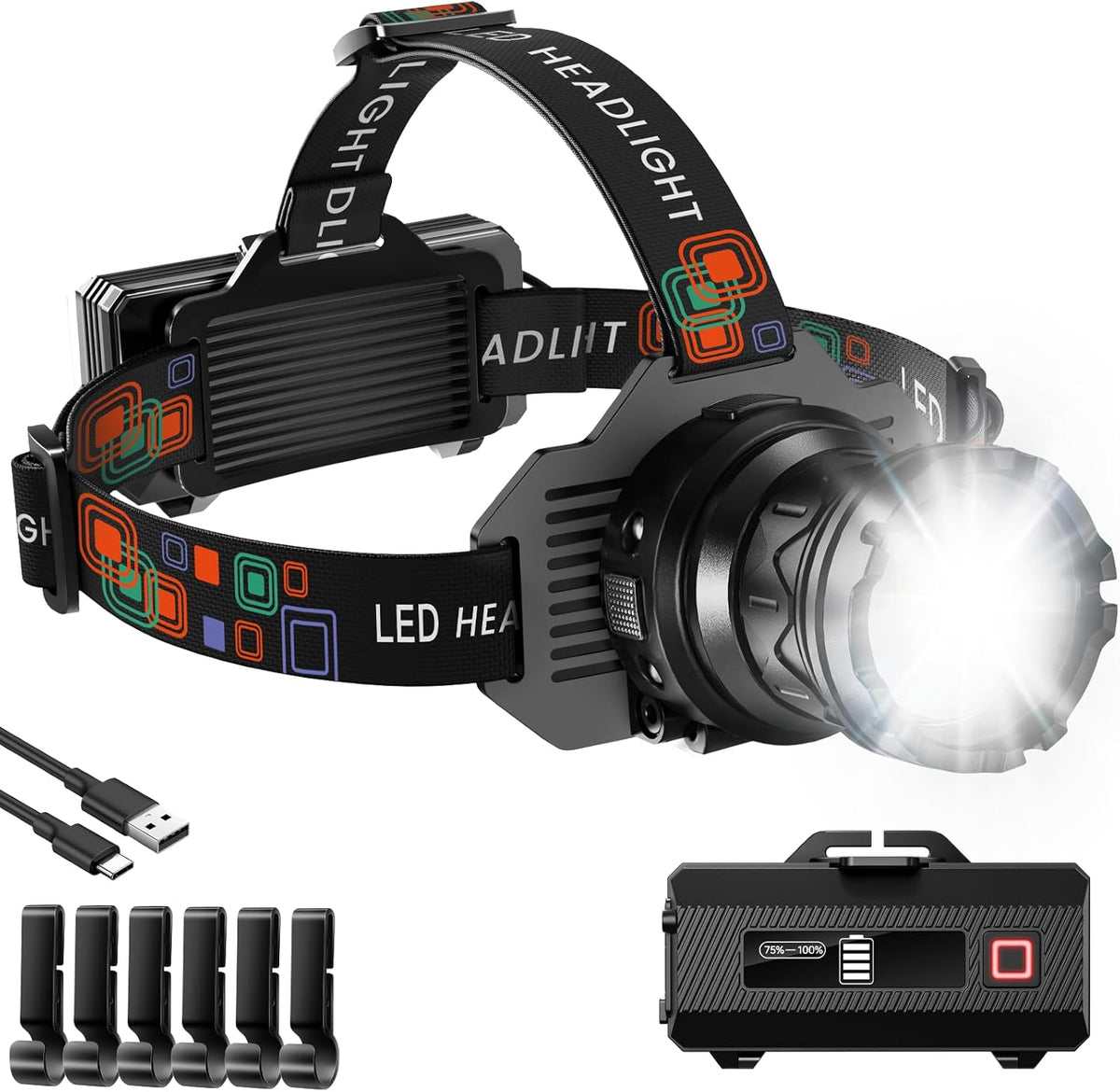 Rechargeable Headlamp Super Bright, High Lumens Head Lamp with 9 Modes, Zoomable Headlamp for Adults 90° Adjustable, IPX7 Waterproof High Power Head Light for Fishing Camping