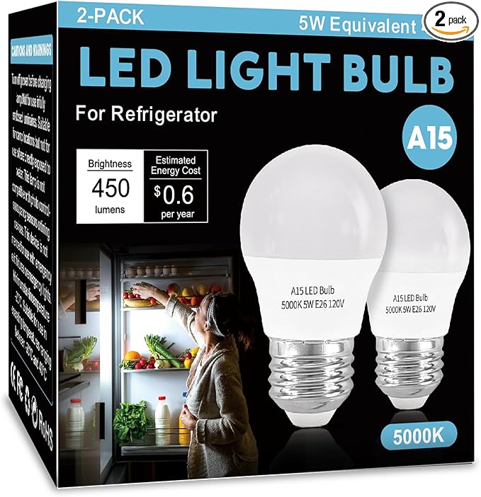 LED Refrigerator Light Bulb 2 Pack，Daylight White 5000K 120V 40W Equivalent Appliance Bulb，A15 5W E26 Base Waterproof Fridge Light Bulbs for Freezer Home Lighting,Small Light Bulb,Dimmable