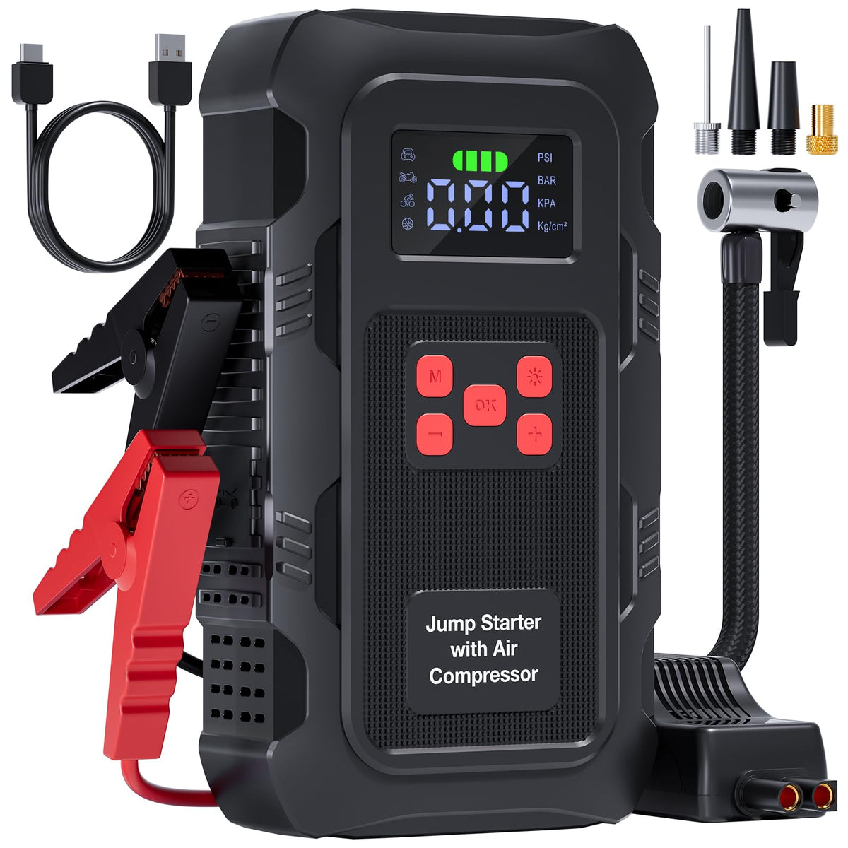 5000A Jump Starter with Air Compressor, Portable Car Battery Jump Starter with 150 PSI Tire Inflator for Up to 10.0L Gas and 8.0L Diesel Engines, 12V Jump Box Battery Charger Booster(Red)