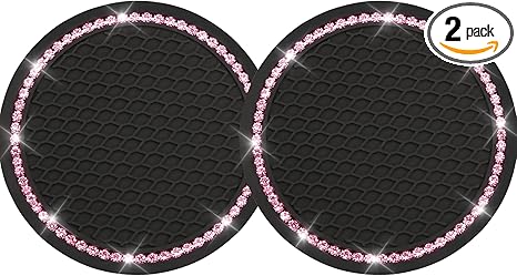 Yousheng 2PCS Bling Car Cup Coaster, Universal Holder Insert Rhinestone Anti Slip Silicone Accessories Suitable for Most Interior, Best Gift Women, Black and Pink