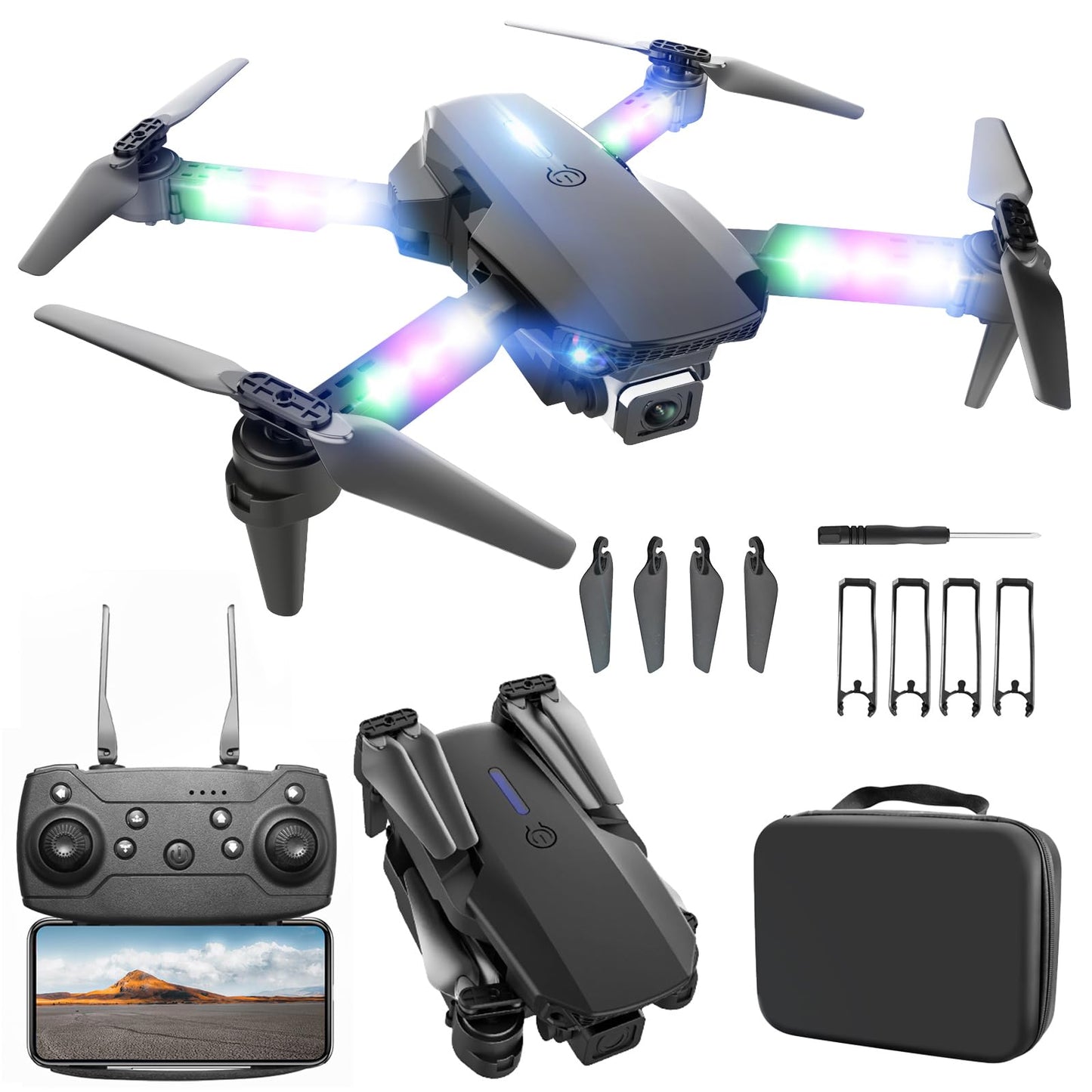 BEZGAR LED Lights Drone with Camera for Adults and Kids Beginners, Black | Drone with Camera 1080P HD, Foldable Drones for Kids RC Quadcopter with One Key Take Off 3D Flips, 2 Batteries, Toys for Boys