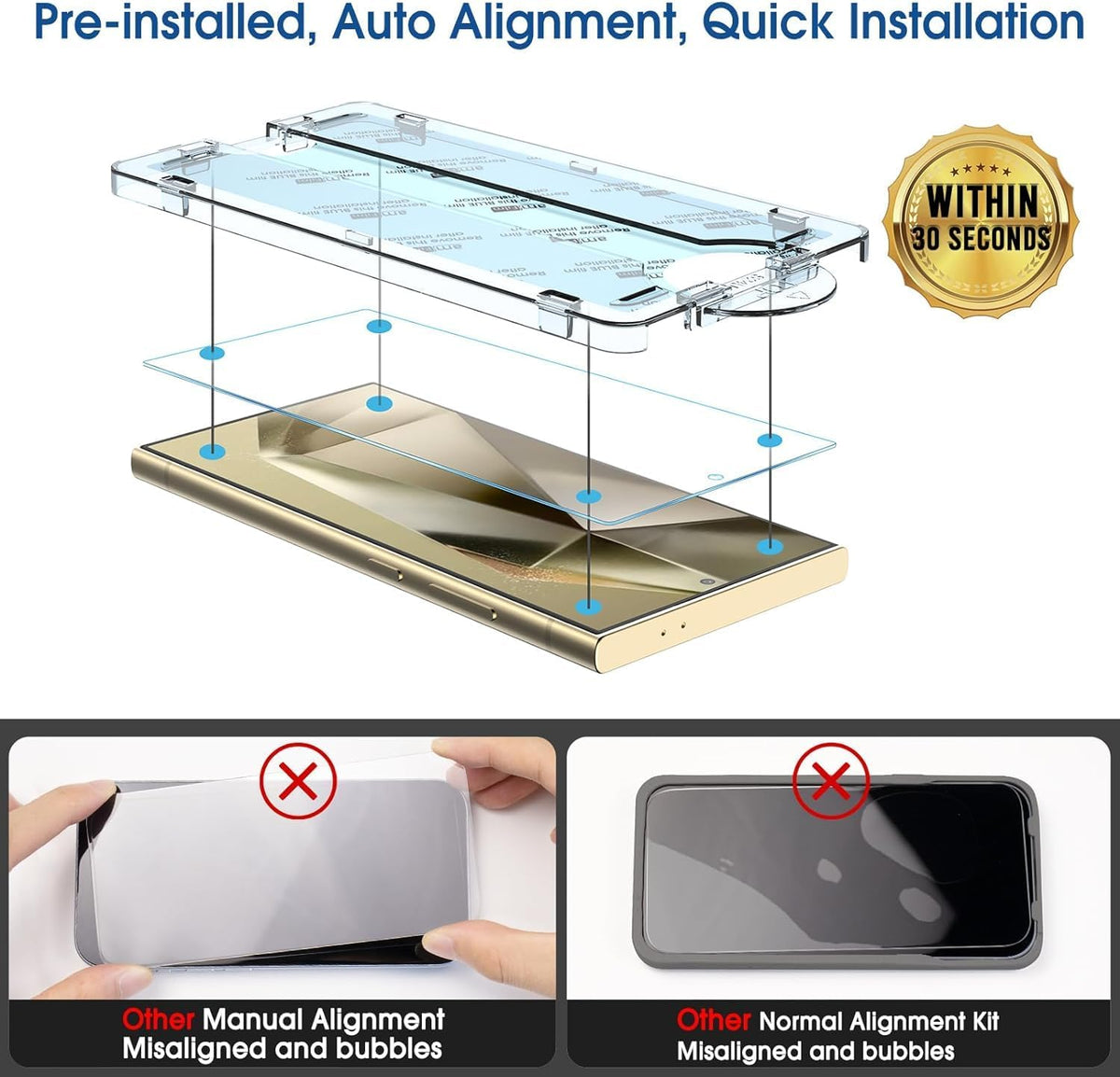 amFilm Auto-Alignment OneTouch for Samsung Galaxy S24 Ultra 6.8'' Screen Protector + Camera Lens Protector, Tempered Glass, 30 seconds Installation, Bubble Free, Case Friendly, Anti-Scratch [2+2 Pack]