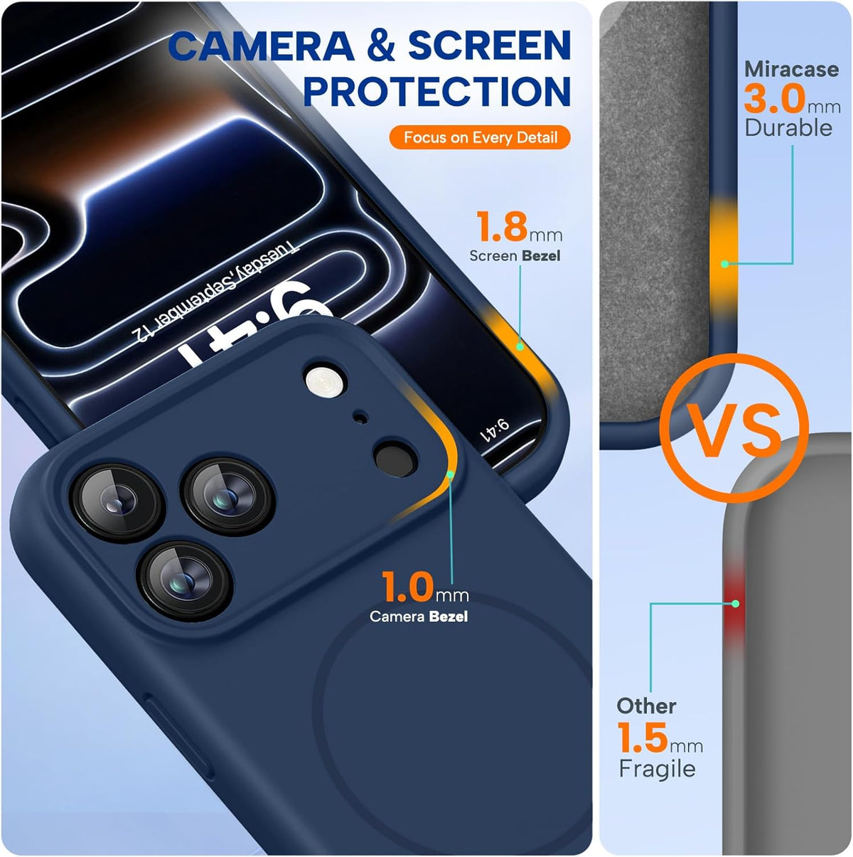 Miracase Magnetic for iPhone 17 Pro Case, Compatible with MagSafe, Integrated Silicone Camera Control Cover, 3.0mm Thicken Shockproof Drop Protection Phone Case for 17 Pro,Dark Blue