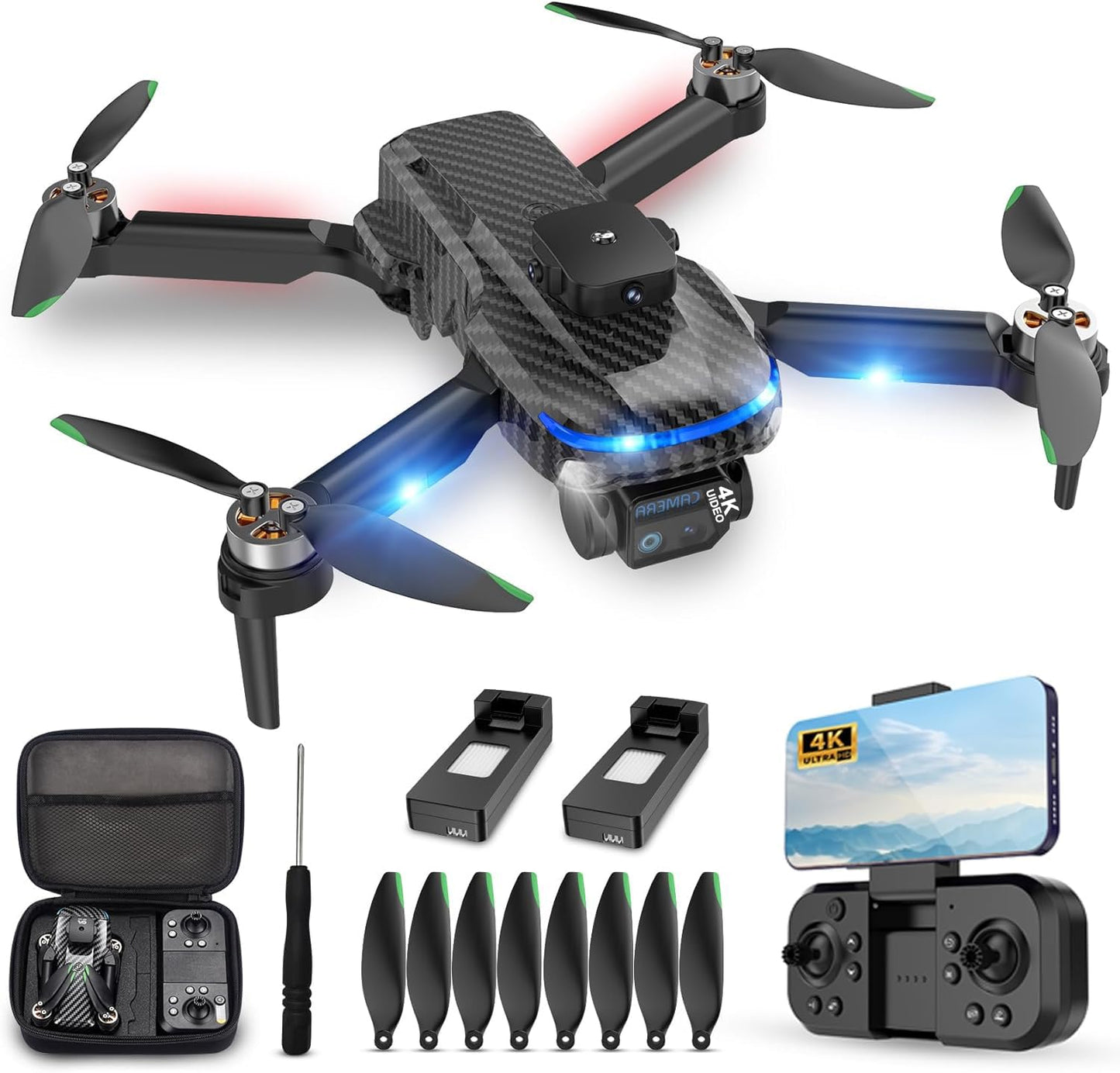 MSMV High-Resolution 4K HD Camera Drone, Wireless RC Toys for Boys Girls, One Button Return, Emergency Stop, Headless Mode, 360° Flips, 2 Batteries & Carrying Case for Kids Adults Beginners, Black