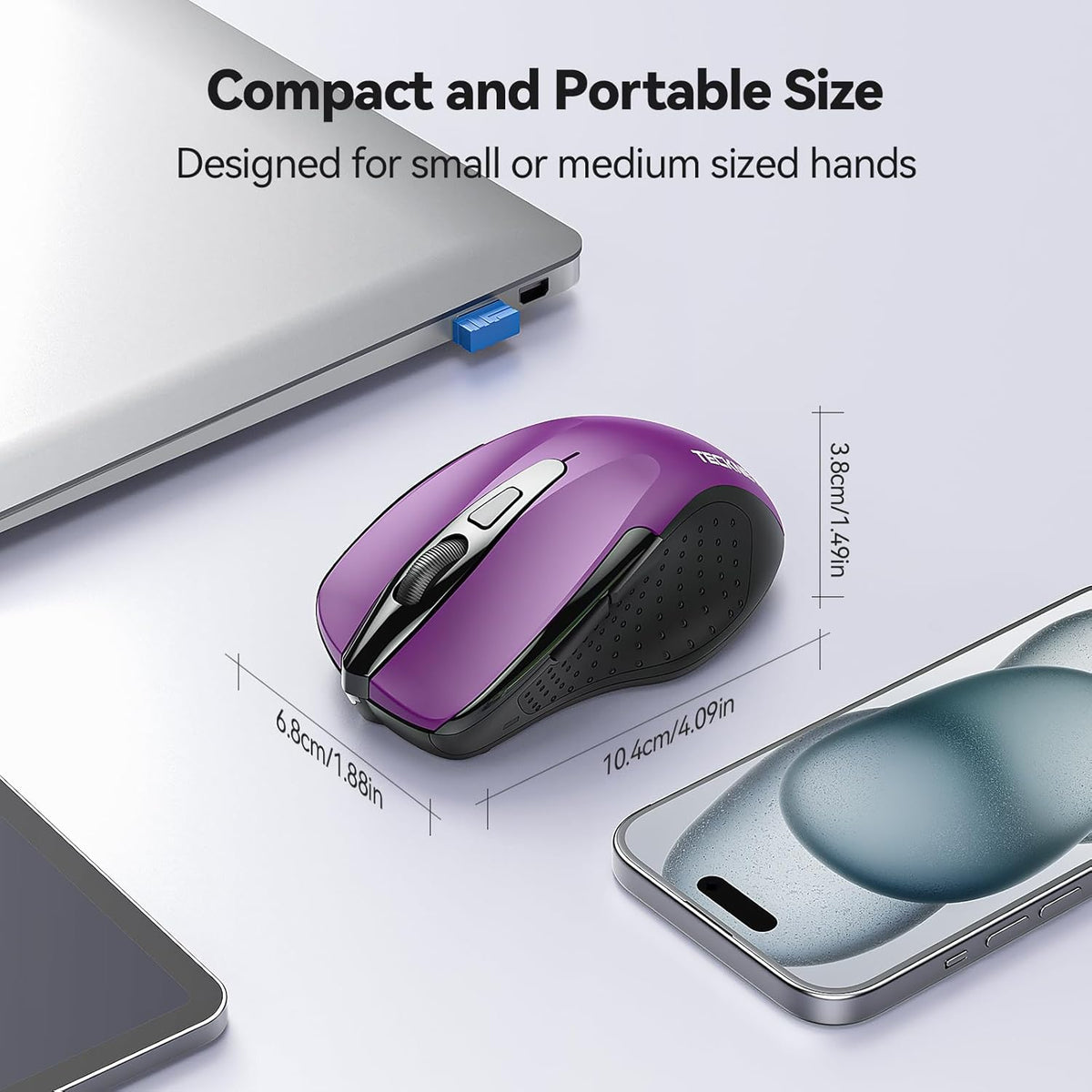 TECKNET Wireless Mouse, 2.4G Ergonomic Optical Mouse, Computer Mouse for Laptop, PC, Computer, Chromebook, Notebook, 6 Buttons, 24 Months Battery Life, 2600 DPI, 5 Adjustment Levels - Purple
