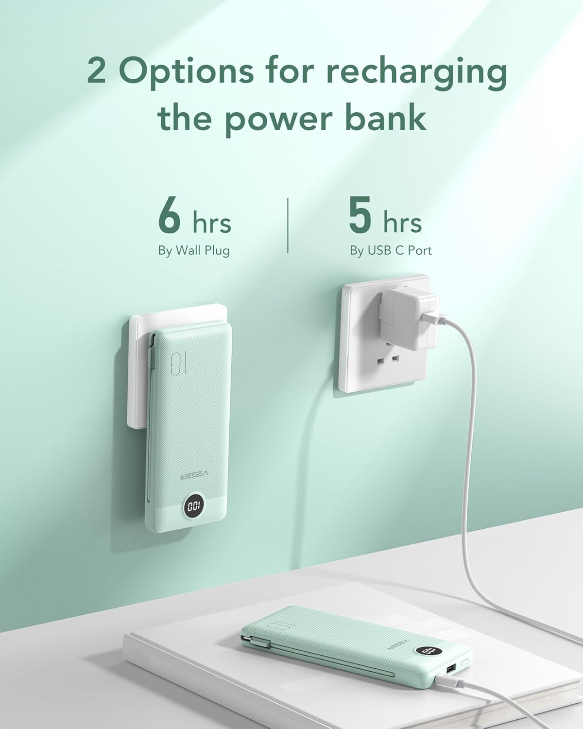 VEGER Portable Charger, Ultra Slim Power Bank Built in Wall Plug and Cables | 10000mAh All in One USB C External Battery Pack, Travel Essentials, Compatible with iPhone, iPad, Samsung, Android, Green