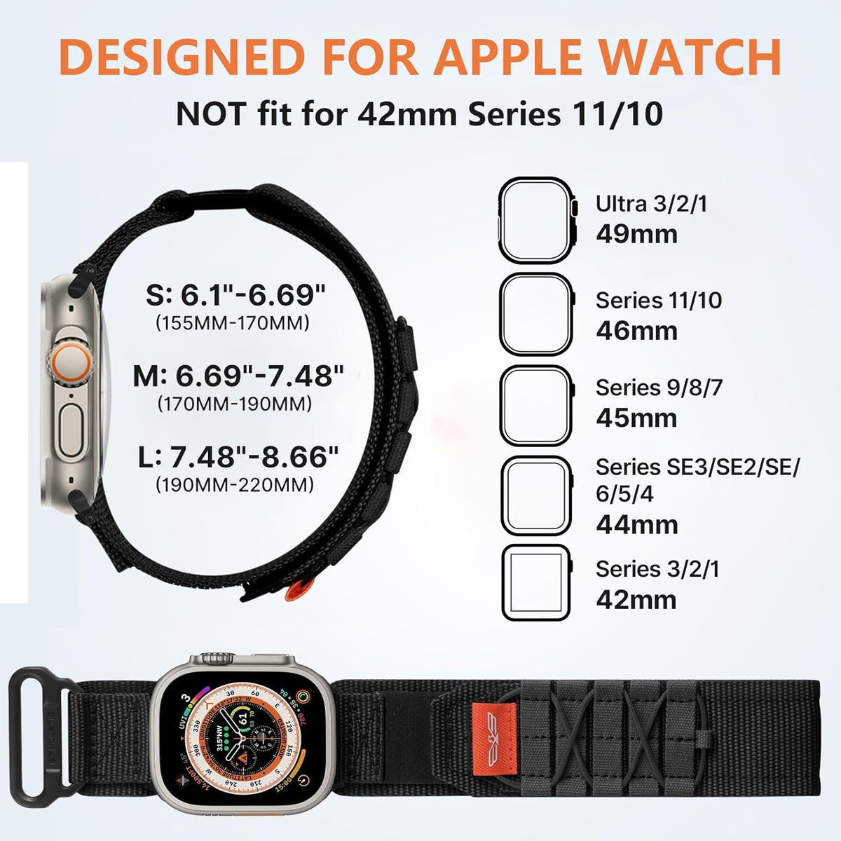 Bandletic Nylon Bands Compatible with Apple Watch Ultra 3/Ultra 2 Band 49mm for Men 46mm 45mm 44mm 42mm(Series 3), Rugged Tactical Sport Strap for iWatch Series 11 10 9 8 7 6 5 4 SE 3 2 1, L-Black