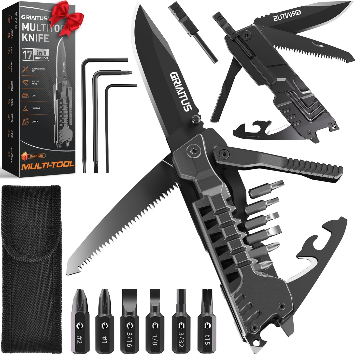 17 in 1 Multitool Knife Fire Starting Stick Bottle Opener Saw for Camping | Screwdrivers Whistle Window Breaker for Hiking, Outdoor, Survival and Everyday Use Gifts for Men Dad