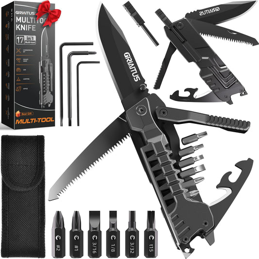 17 in 1 Multitool Knife Fire Starting Stick Bottle Opener Saw for Camping | Screwdrivers Whistle Window Breaker for Hiking, Outdoor, Survival and Everyday Use Gifts for Men Dad