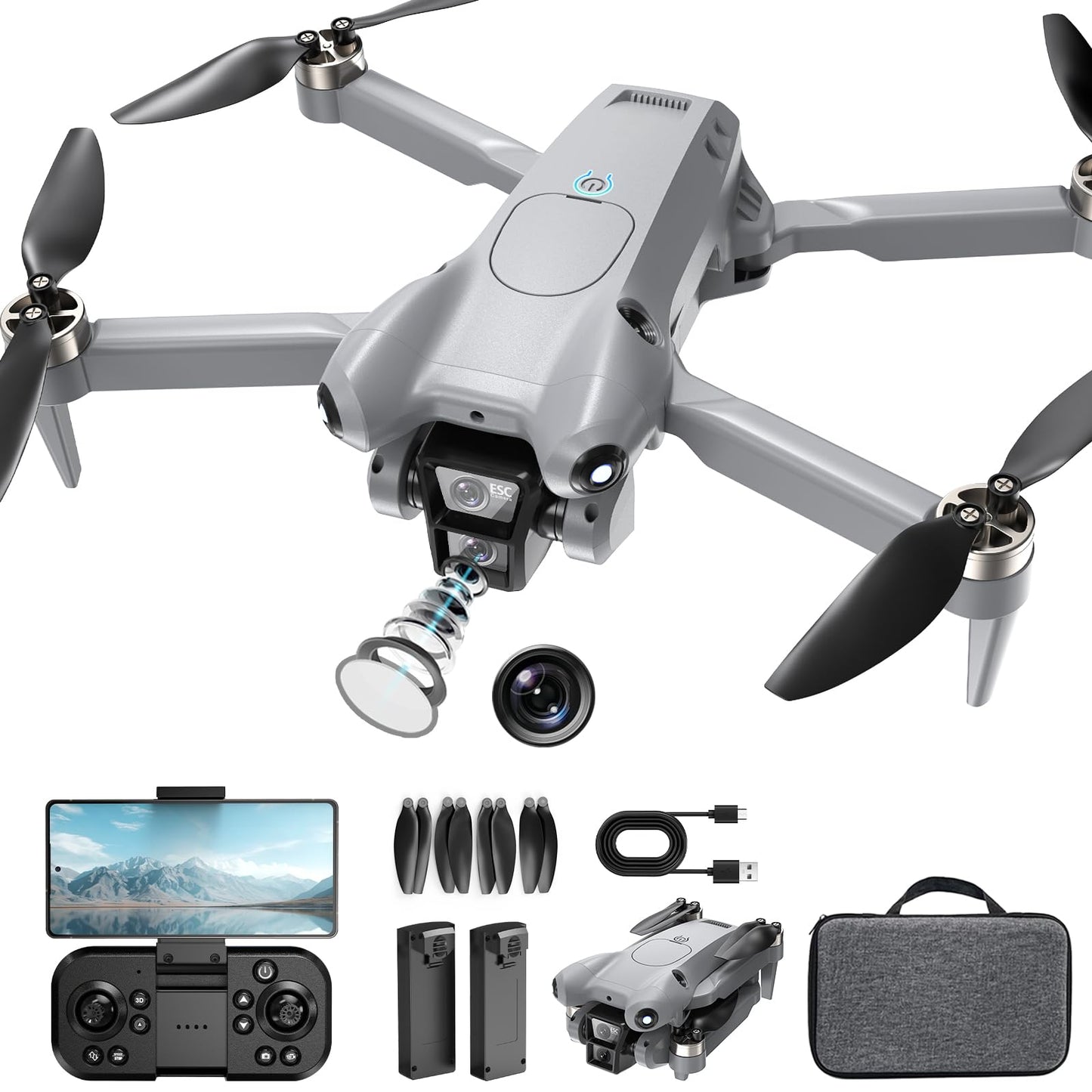 PRO Drone with Camera for Adults 4K,Brushless Motors Drone for Kids Beginners,40mins Flight Time with 2 Batteries,FPV Foldable RC Quadcopter,Toys Gifts for Teen Boys Girls, Beginner（Grey）
