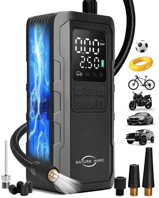 Tire Inflator Portable Air Compressor - 150PSI Cordless Portable Air Pump for Car Tires with Pressure Gauge & LED Lights - 3X Faster Tire Pump for Car, Motorcycle, Balls and Bicycle, Black