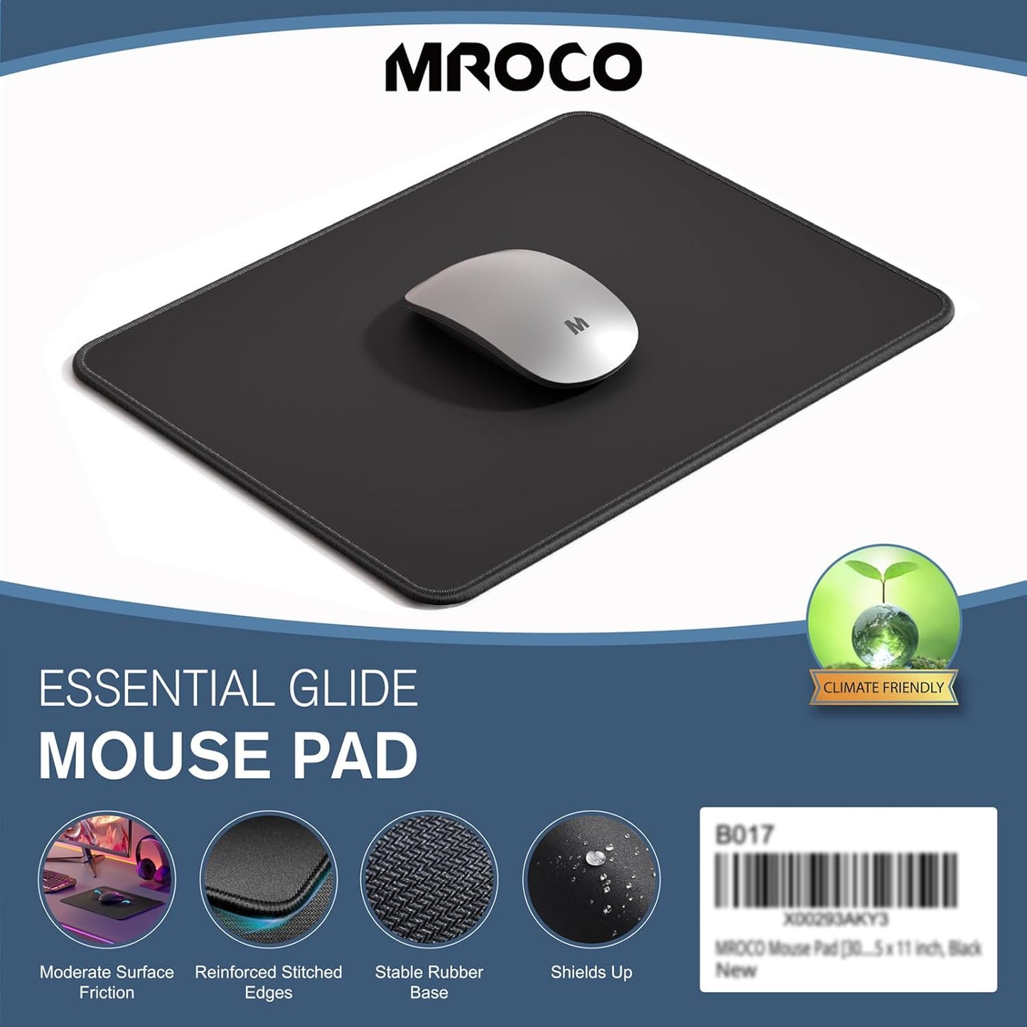 MROCO Mouse Pad [30% Larger] with Anti-Fray Stitched Edges, Premium-Textured Waterproof Surface, Non-Slip Rubber Base, Computer & Gaming Mouse Mat for Laptop, Office & Home, 8.5 x 11 in, Black