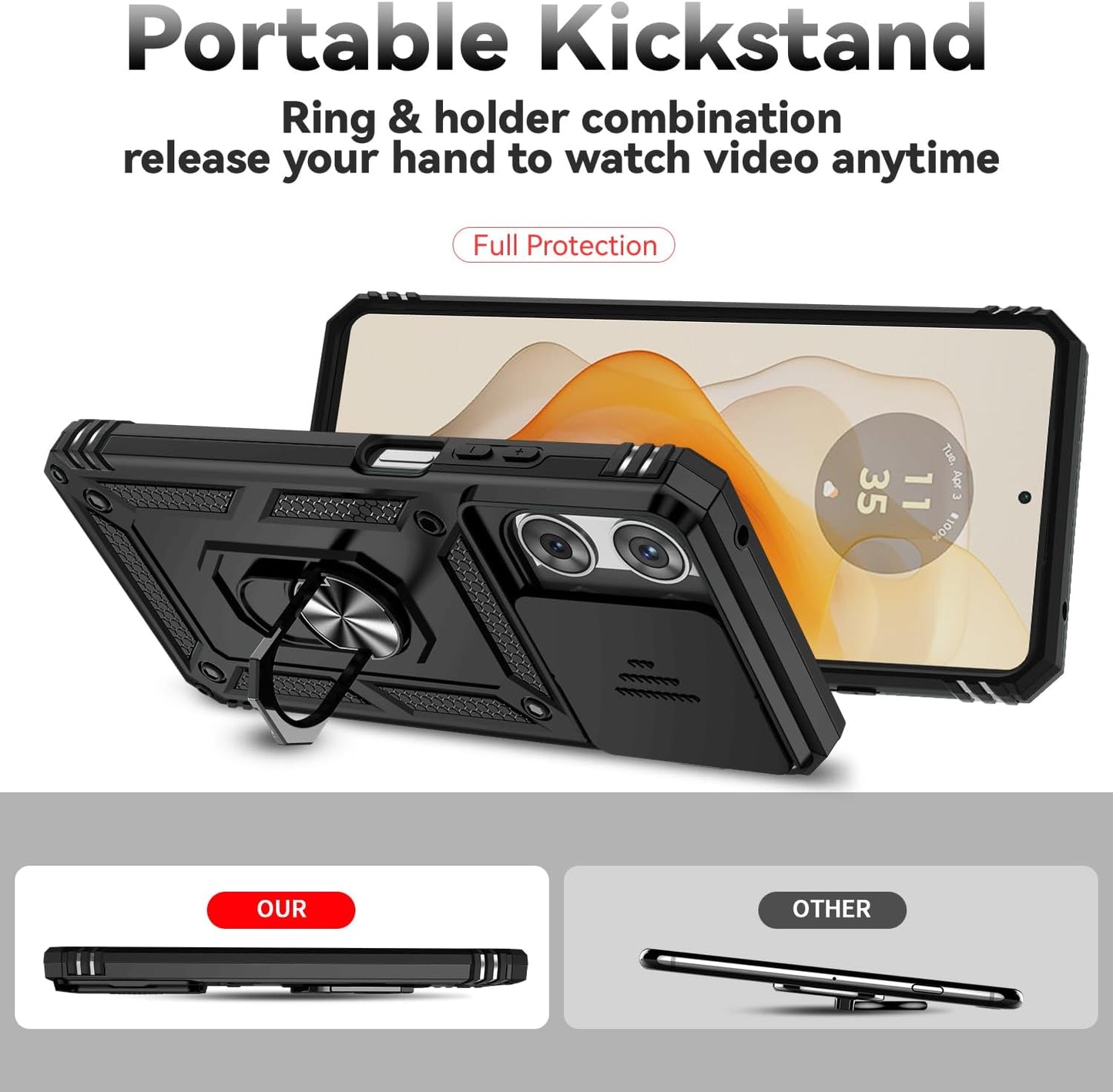 for Motorola Moto G 2025 / Moto G 2026 / Moto G Play 2026 Case, with Slide Camera Cover HD Screen Protector [Military Grade 16ft. Drop Tested] Ring Holder Kickstand Protective Phone Case, Black