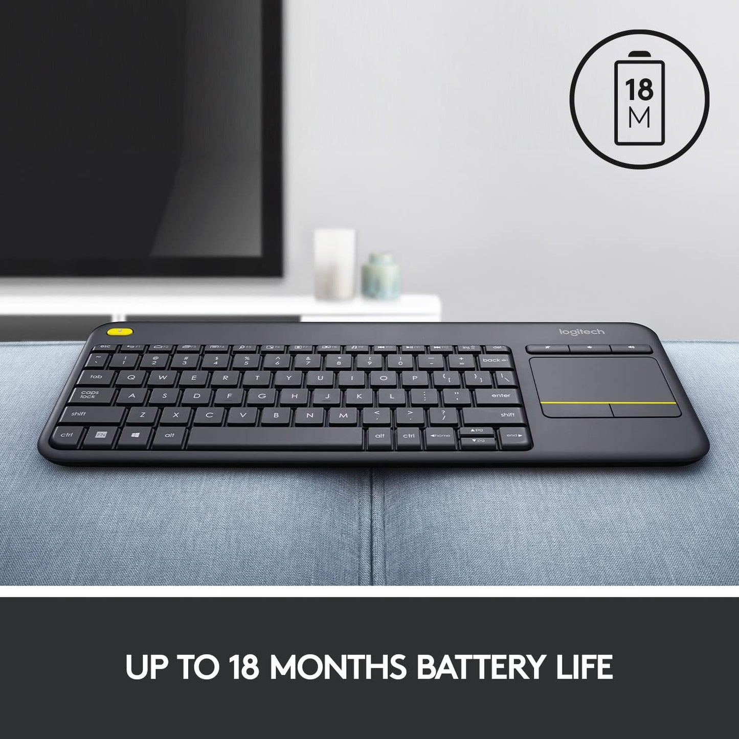 Logitech K400 Plus Wireless Touch TV Keyboard with Easy Media Control and Built-in Touchpad, HTPC Keyboard for PC-Connected TV, Windows, Android, ChromeOS, Laptop, Tablet - Black