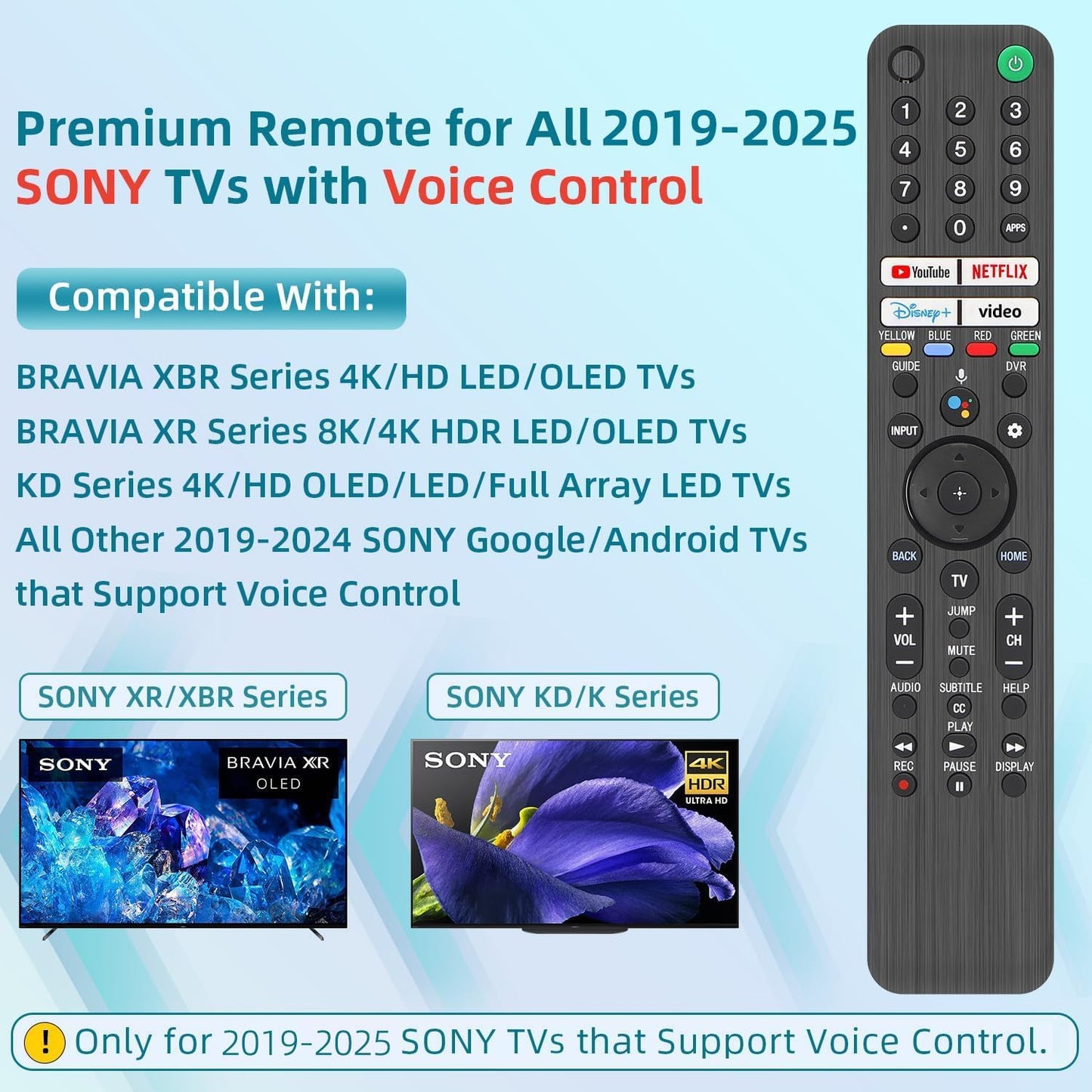 Replacement for Sony TV Remote, for All 2019-2025 Sony Remote Control for Bravia Smart TV with Voice Control. for Bravia XR/XBR/KD/K Series Google/Android TVs. 1-Year Warranty.
