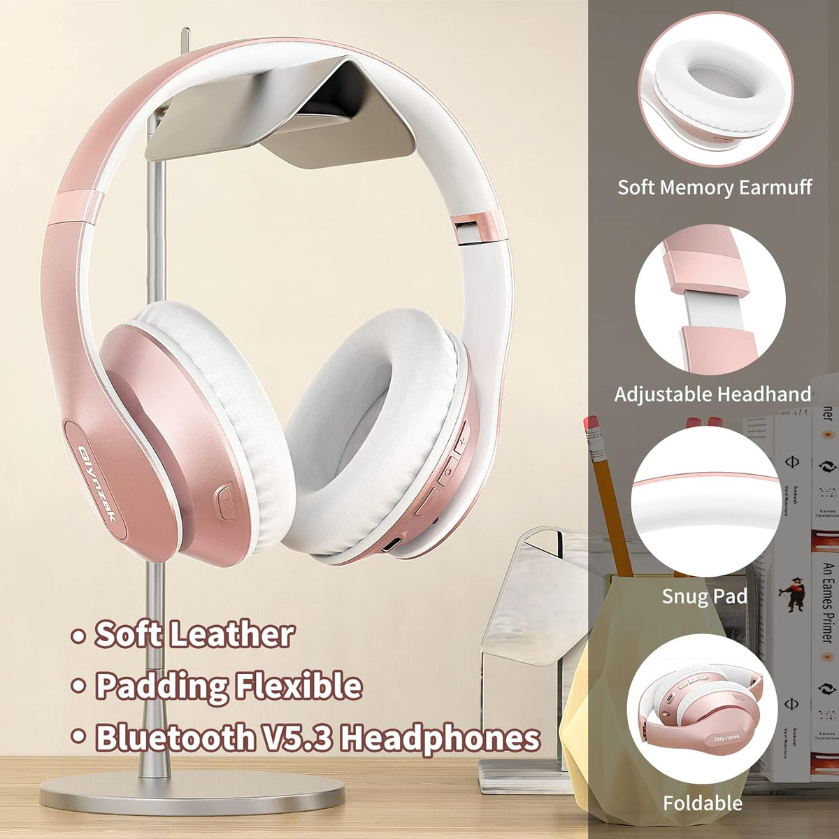 Glynzak Wireless Bluetooth Headphones Over Ear 65H Playtime HiFi Stereo Headset with Microphone and 6EQ Modes Foldable Bluetooth V5.3 Headphones for Travel Smartphone Computer Laptop Rose Gold