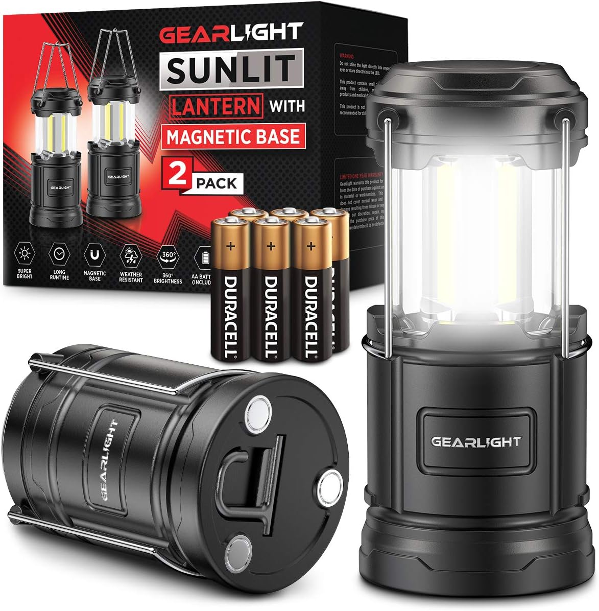 GearLight Camping Lantern - 2 Portable LED Battery Powered Lantern with Magnetic Base and Foldable Hook for Emergency Use or Campsites, Essential Hurricane Survival Kit with Batteries - Black