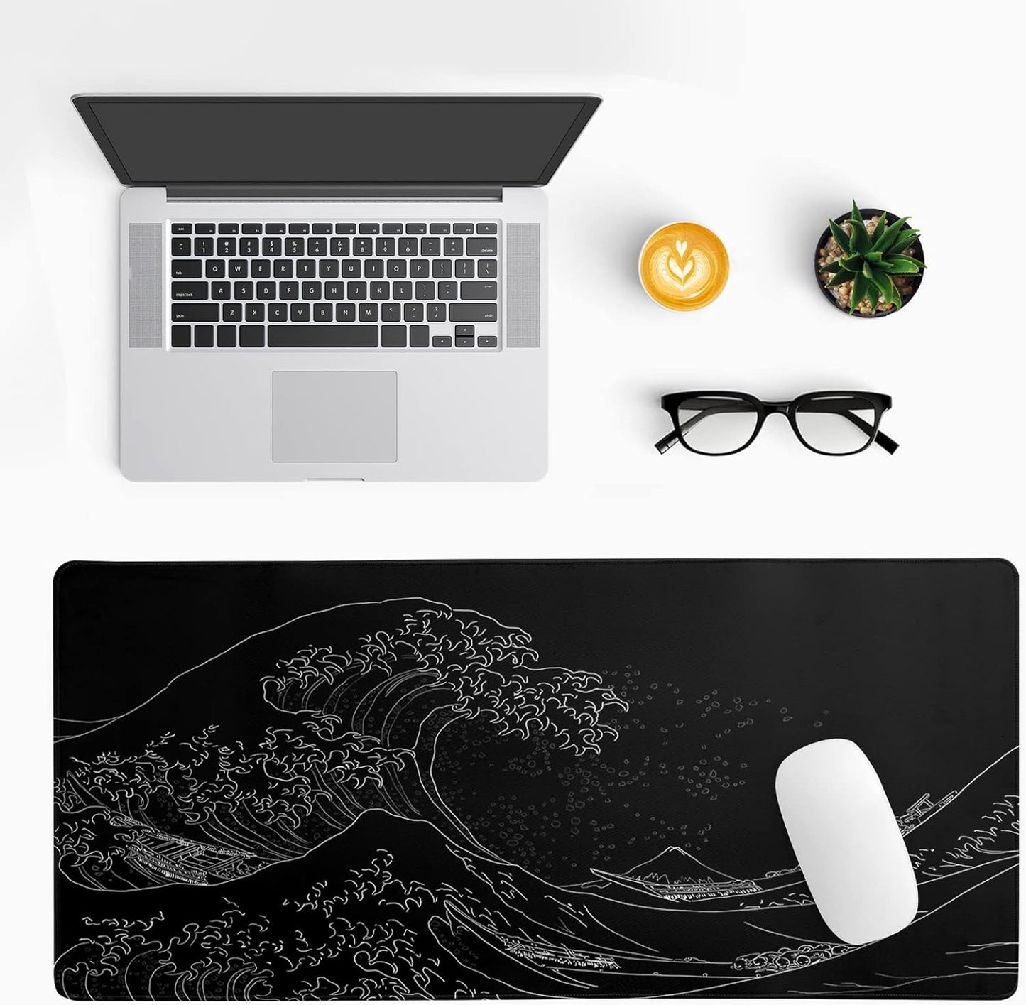 Japanese Sea Wave Large Mouse Pad, Anime Black Gaming, Extended Kanagawa Mat Desk Pad, 3mm Thick Long Non-Slip Rubber Base Mice Pad, 31.5 X 11.8 Inch